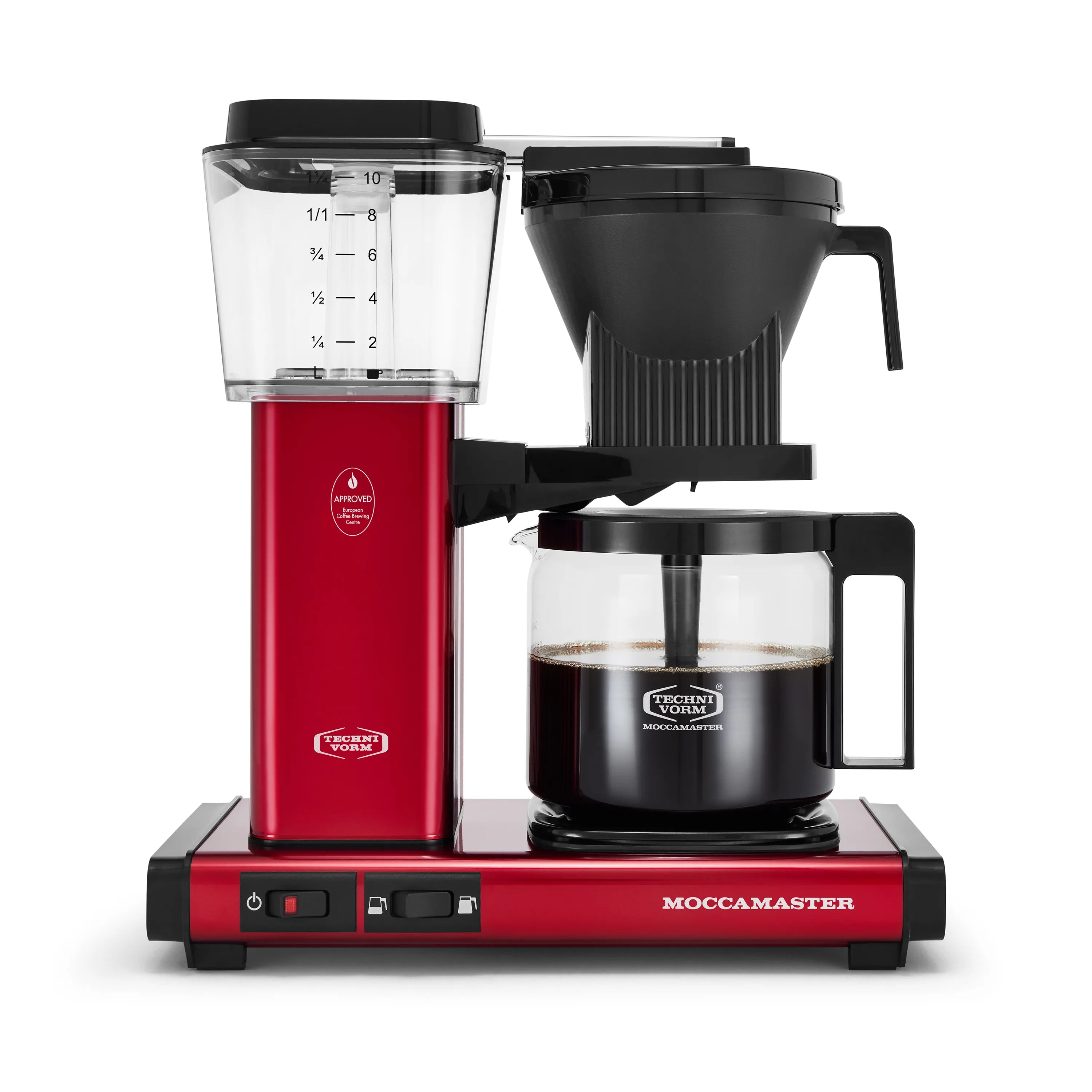Candy apple red 10-cup coffee maker with glass carafe and volume selector switch