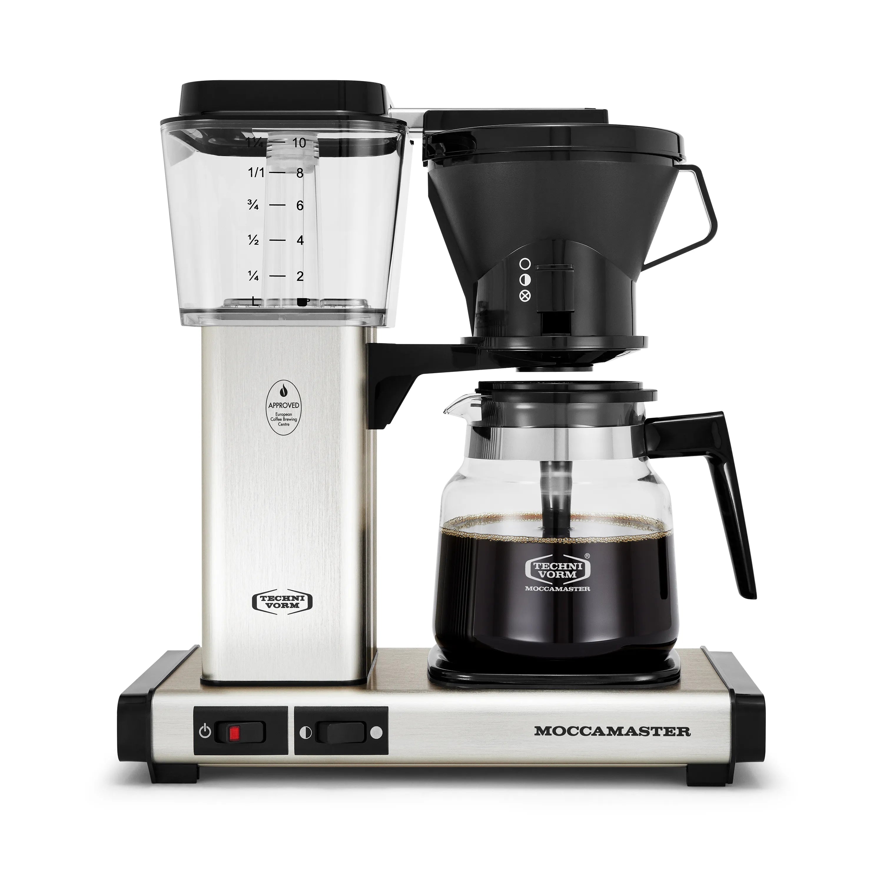 Brushed silver 10-cup thermal carafe coffee maker with black filter basket and drip-stop