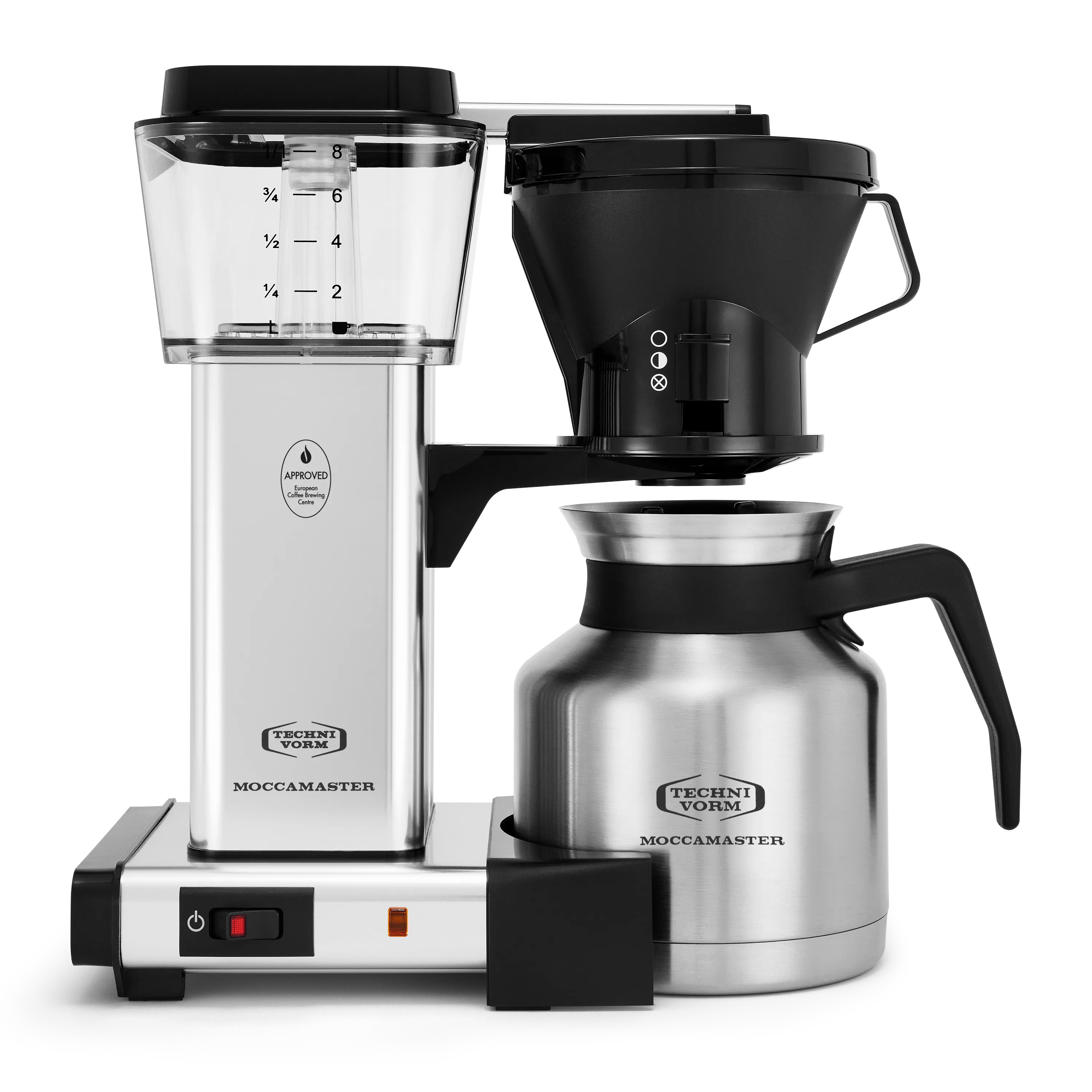Polished silver and black coffee maker with thermal carafe, clear water reservoir