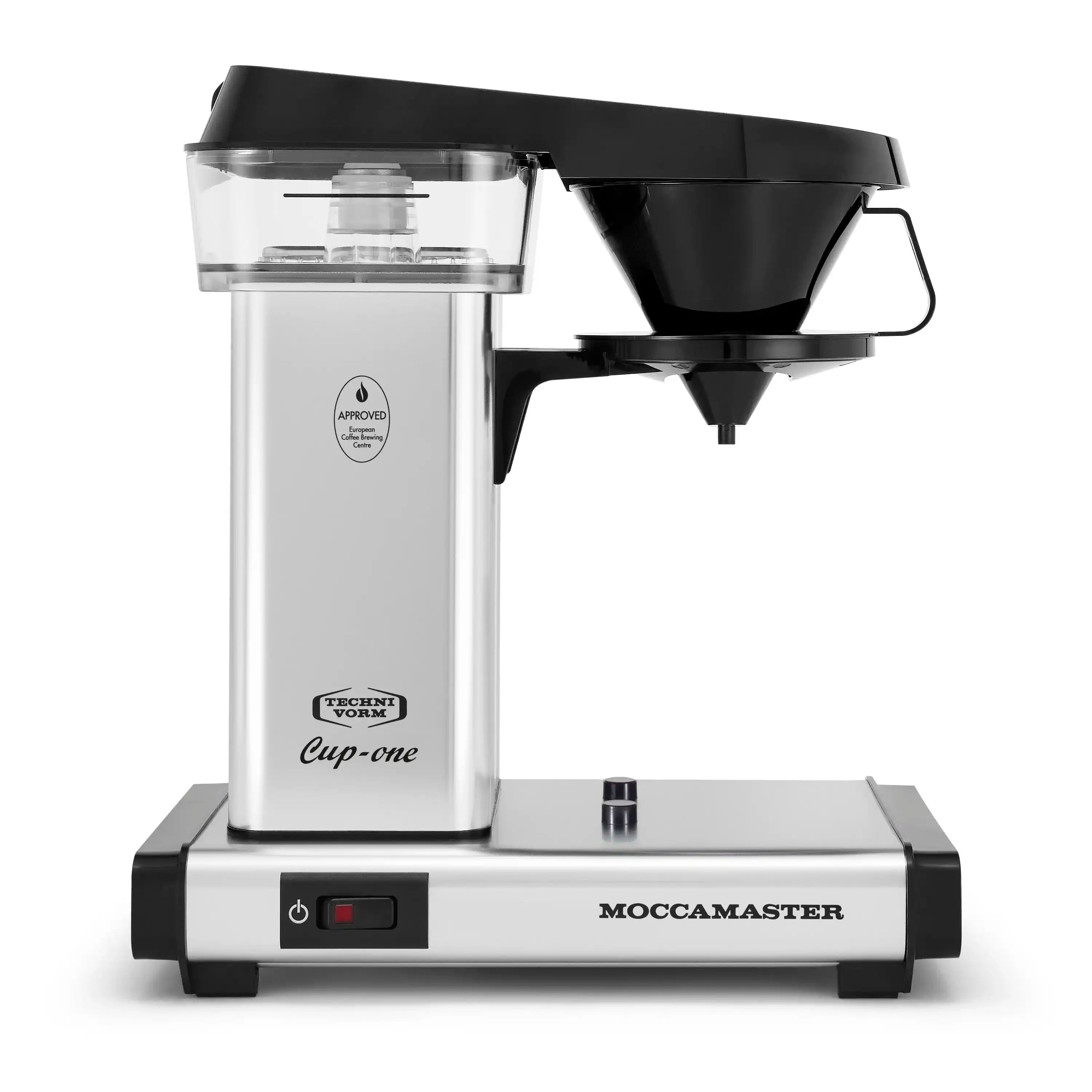 Single-cup coffee maker in polished silver with black funnel and base controls