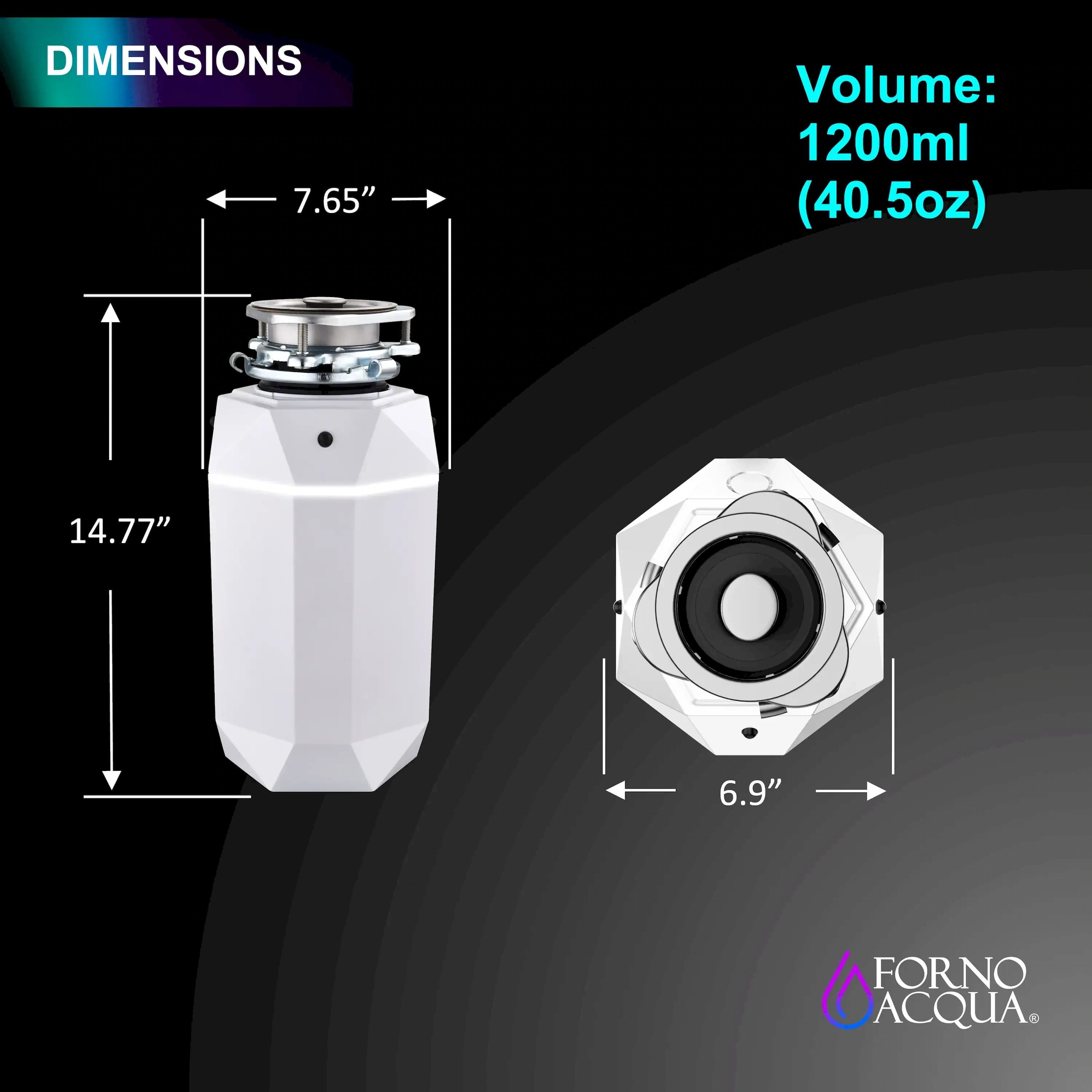 Garbage disposal size diagram with height and width measurements