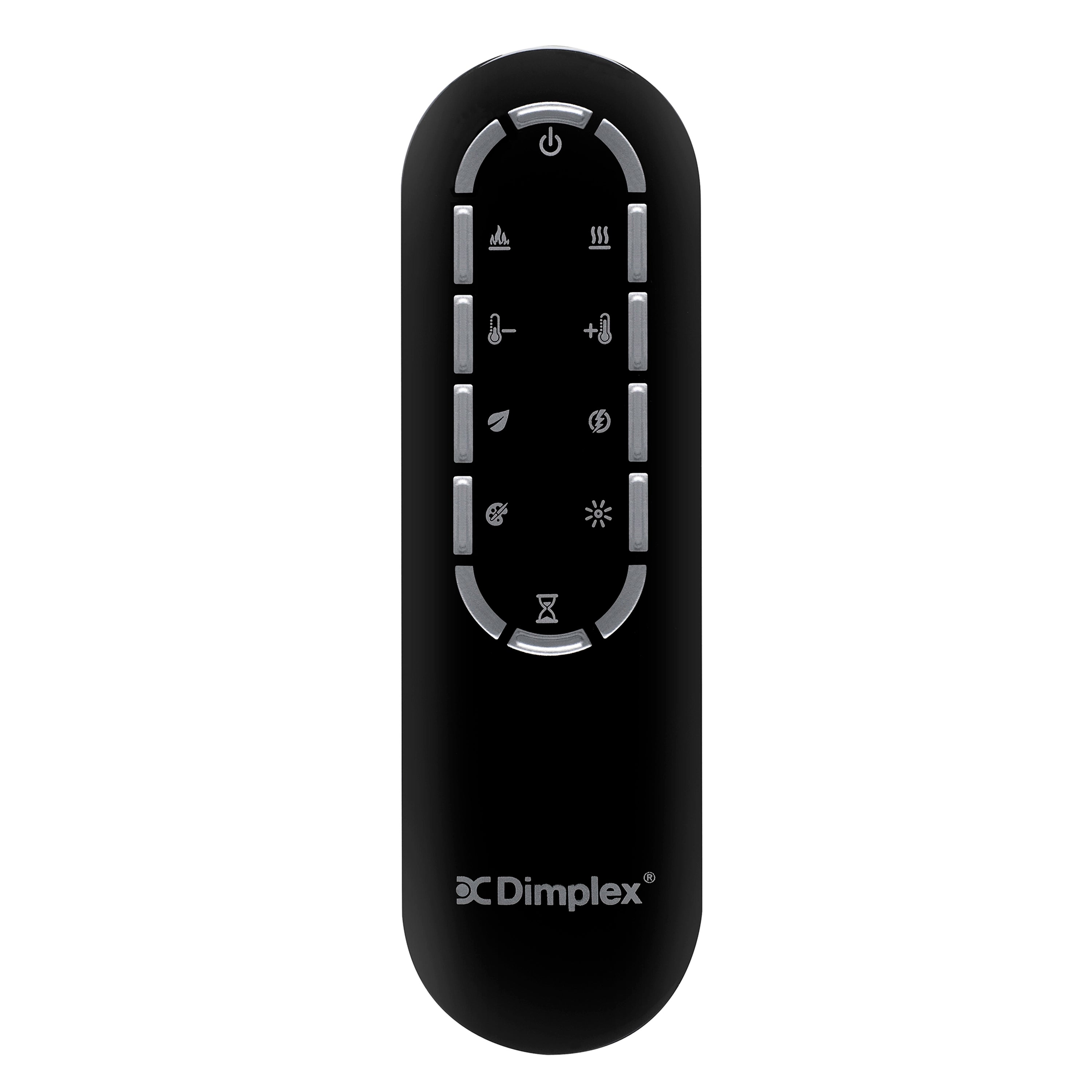 Black Dimplex remote control with button icons for linear fireplace settings