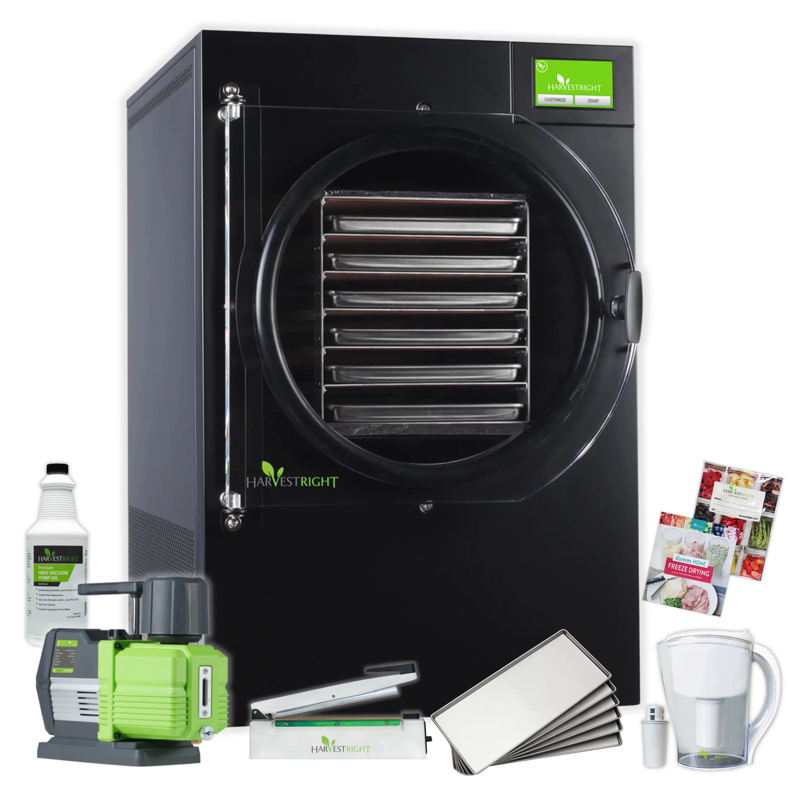 Black freeze dryer unit with vacuum pump and included trays and bags