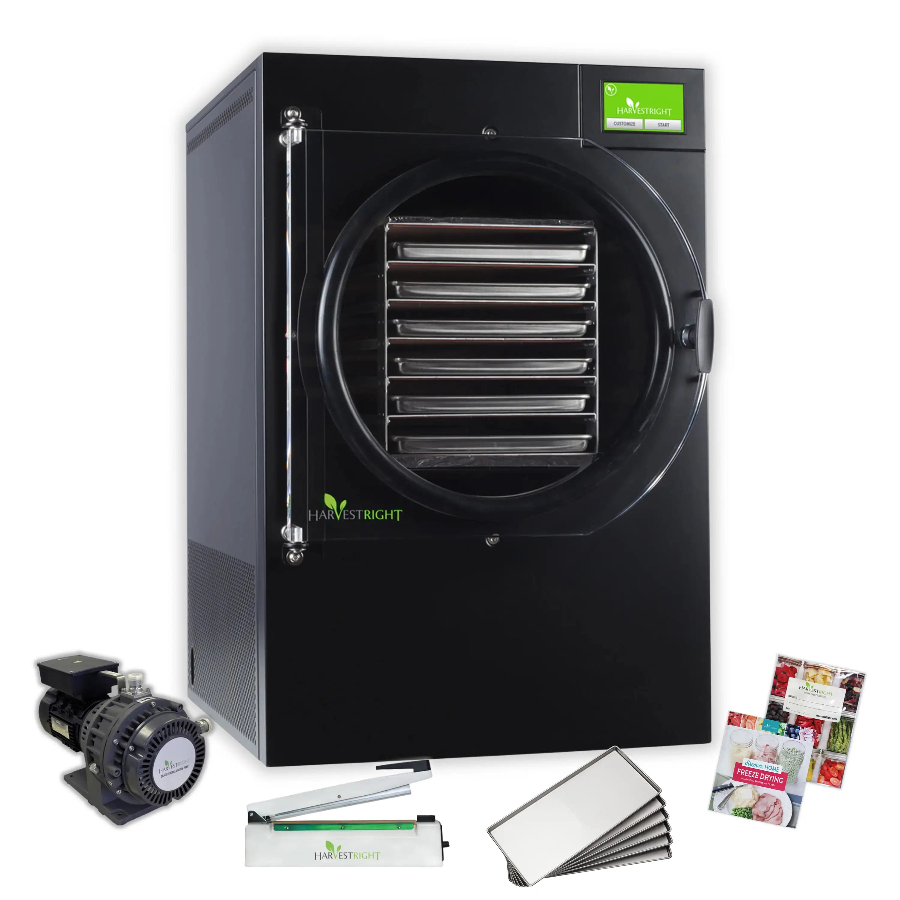 Harvest Right freeze dryer kit with black unit, pump, trays, and mylar starter bags