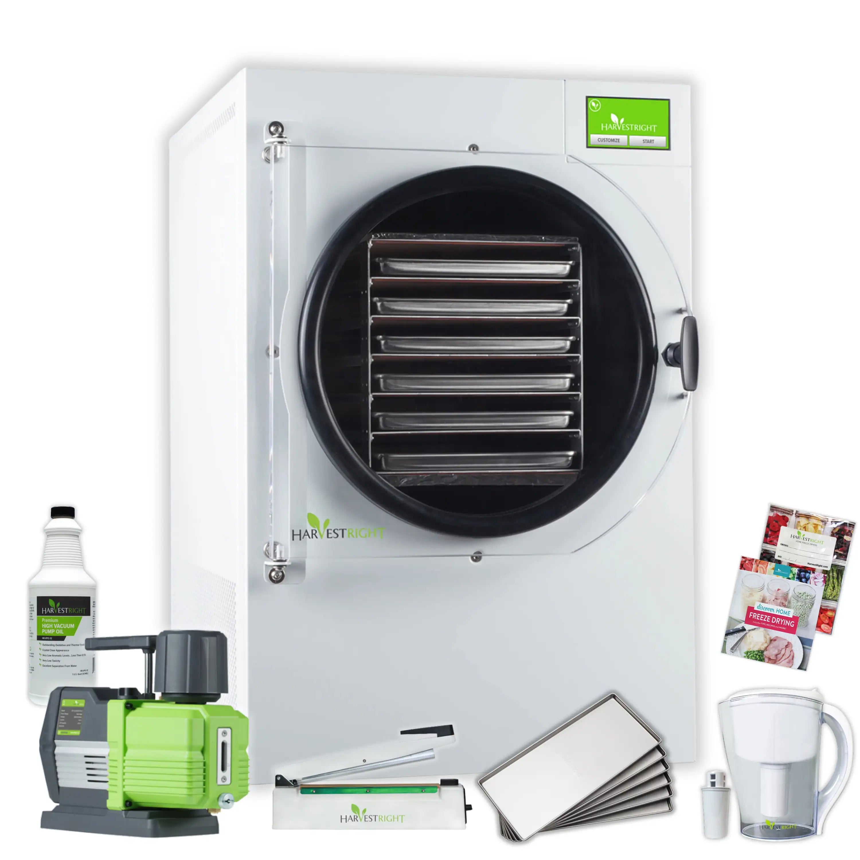 White home freeze dryer unit with vacuum pump, accessories, and trays