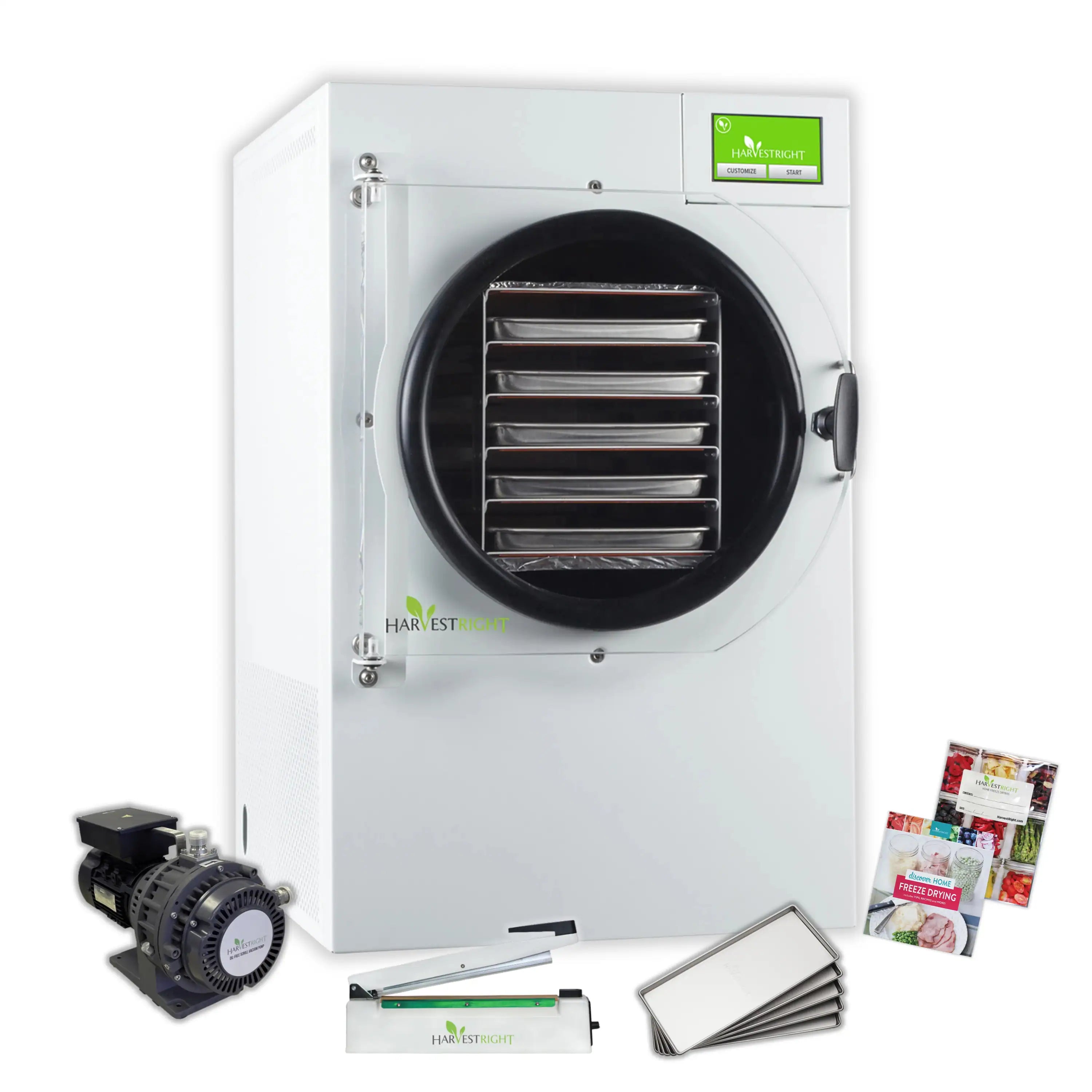 White freeze dryer with 5 trays, oil-free pump, and Mylar starter bags