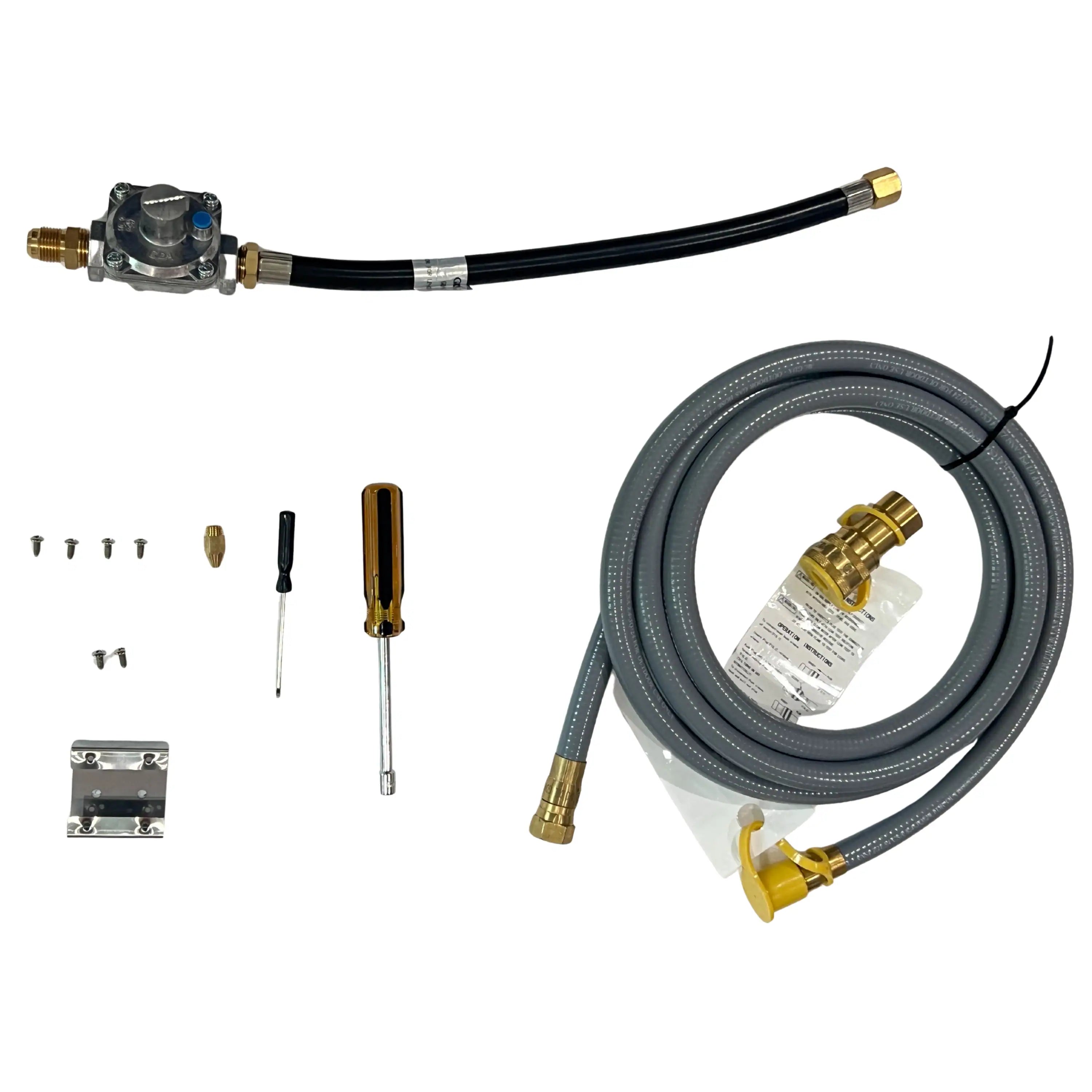 Natural gas kit with braided hose, brass fittings, and gas regulator assembly