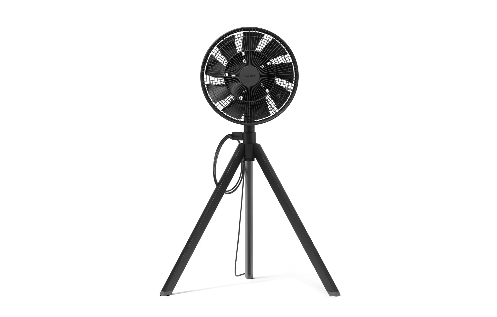 Black 12-inch portable fan with circular grille on tripod stand