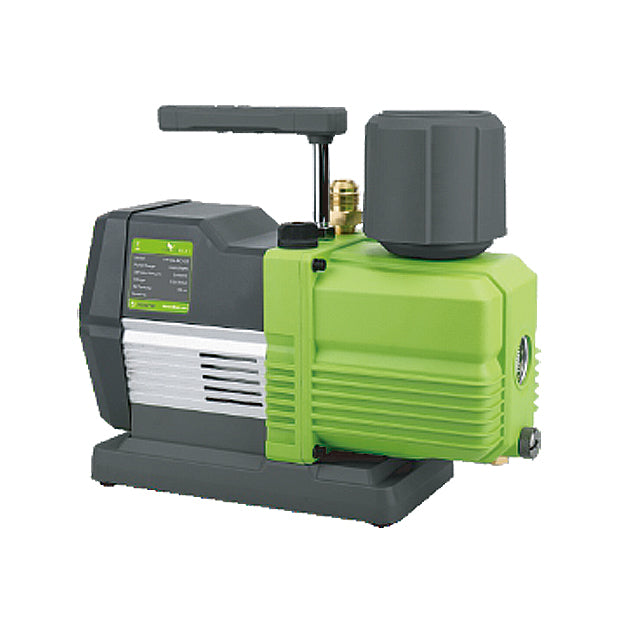 Green and gray vacuum pump unit with control display and fittings