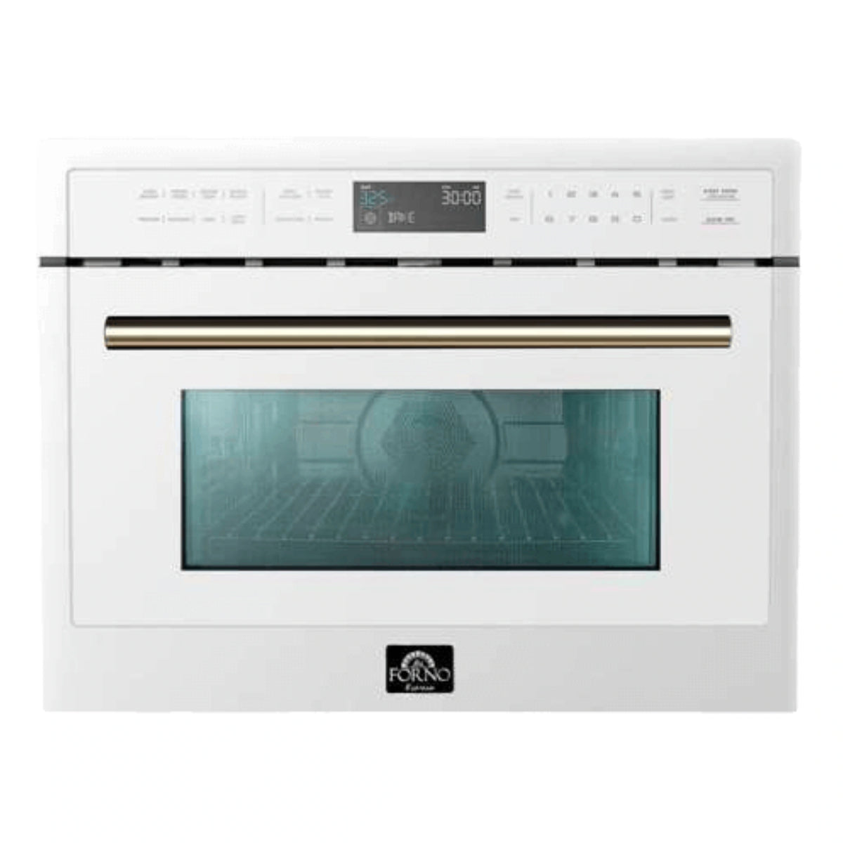 White microwave oven front with black glass window and long brass-colored handle