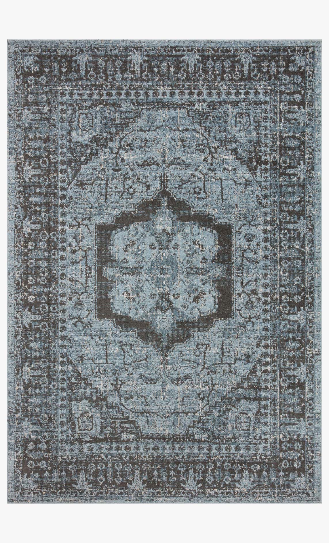 Traditional runner rug, full view, ornate distressed medallion design in sky blue and charcoal.