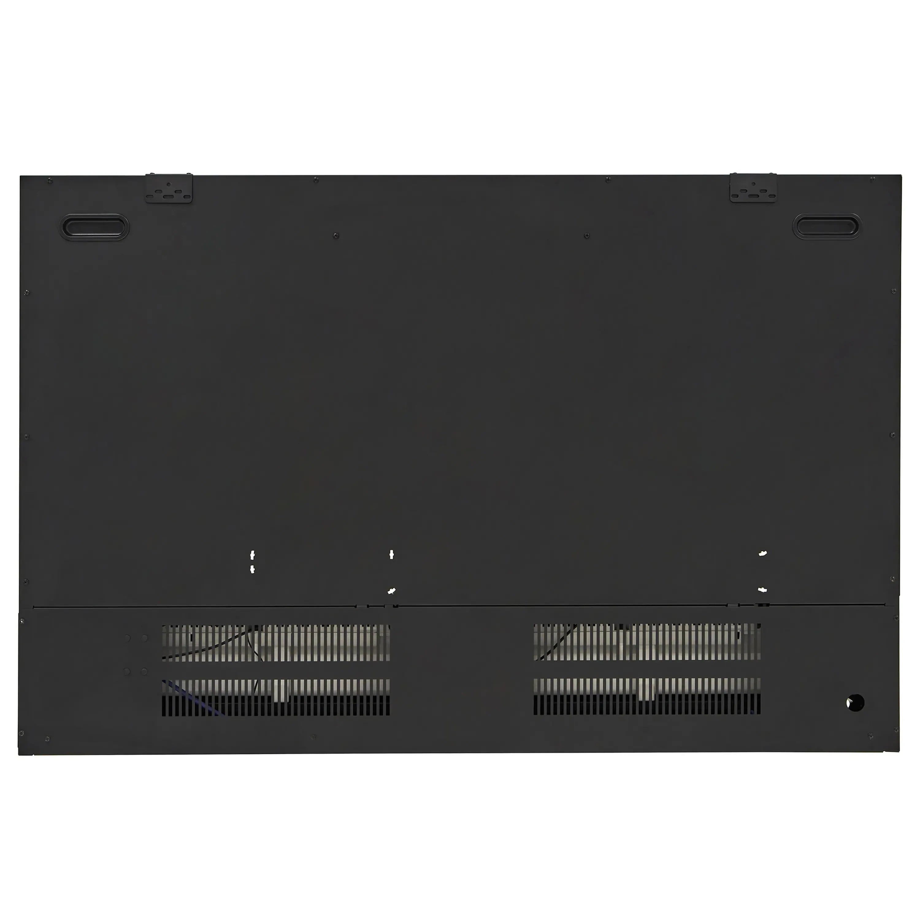 Back of black linear electric fireplace with ventilation grilles and mounting points