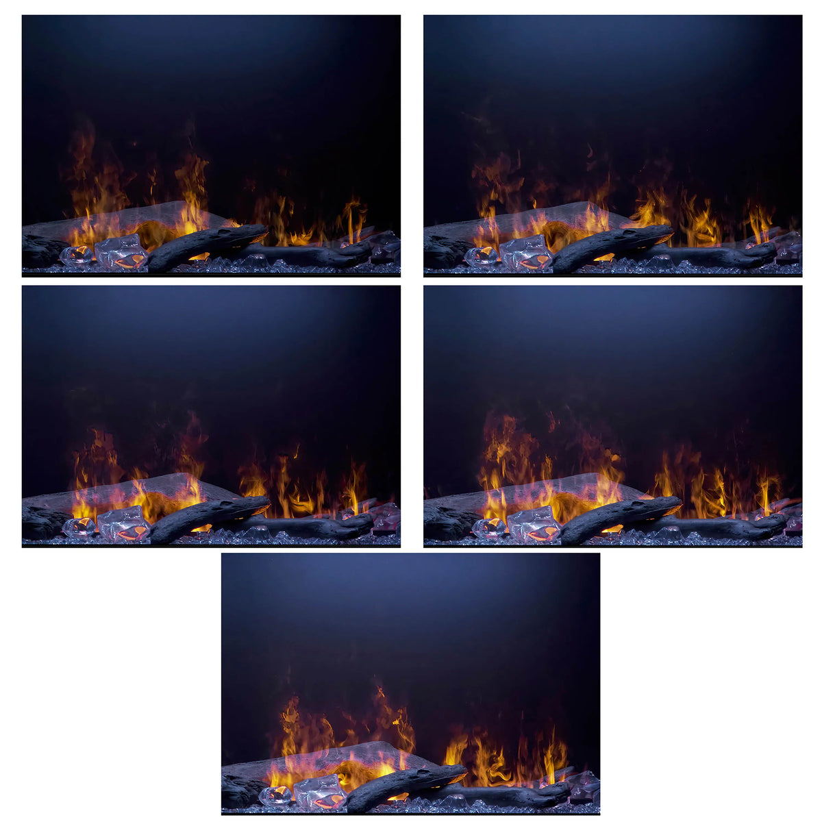 Linear fireplace showing realistic flames and embers over dark logs