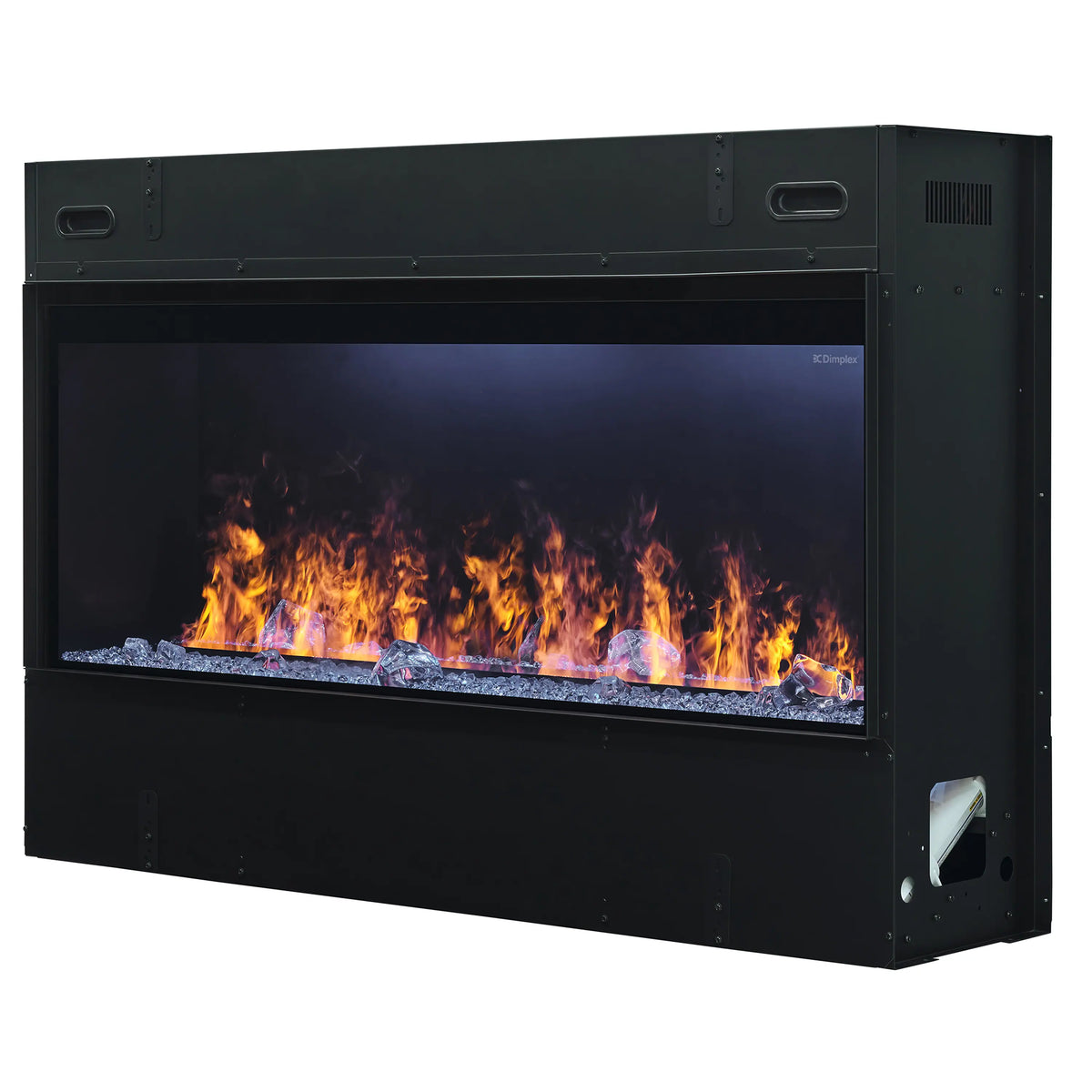 Black Dimplex Optimyst linear water vapor fireplace with burning flames and blue ice base