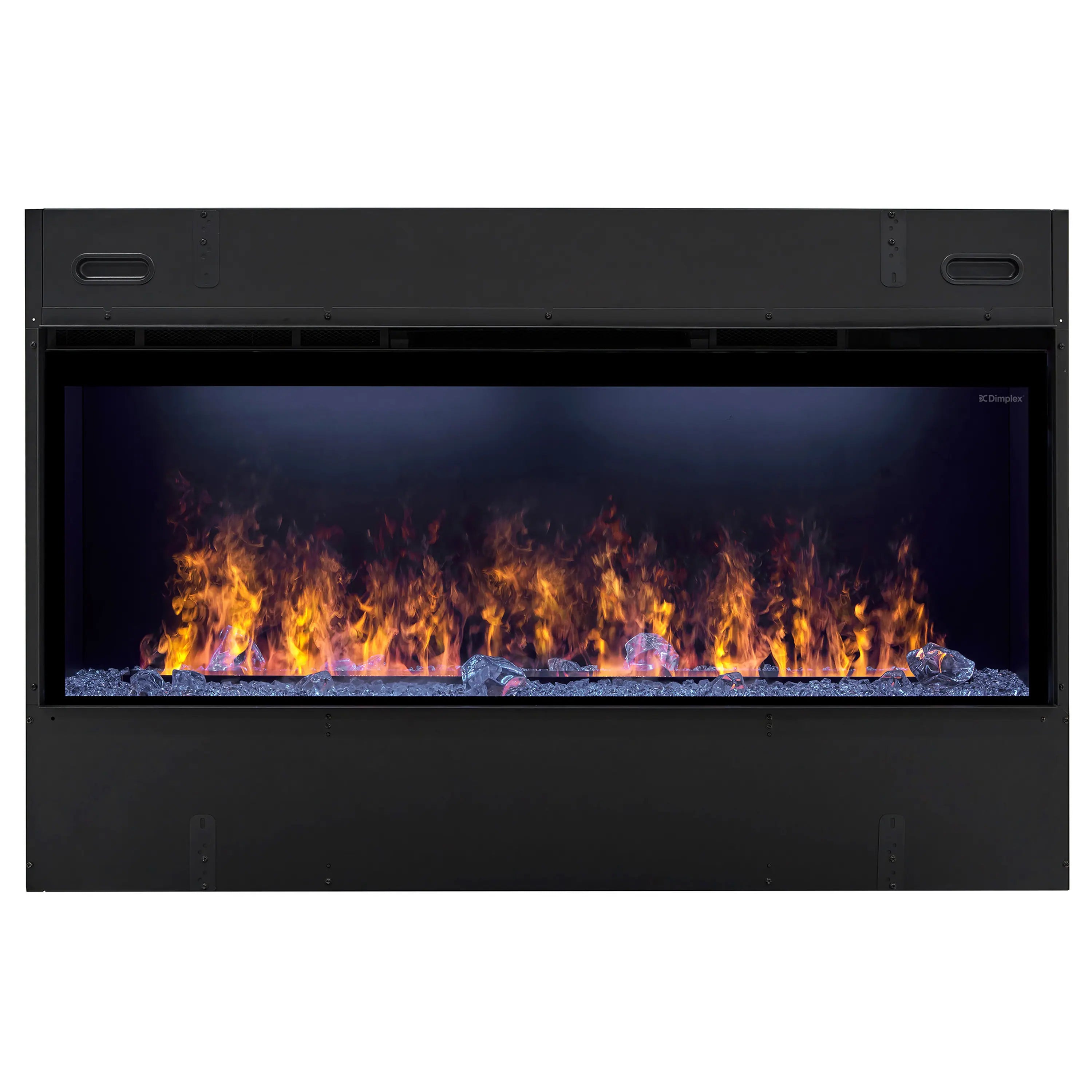 Black linear water vapor fireplace front view with bright orange flames and blue ice media