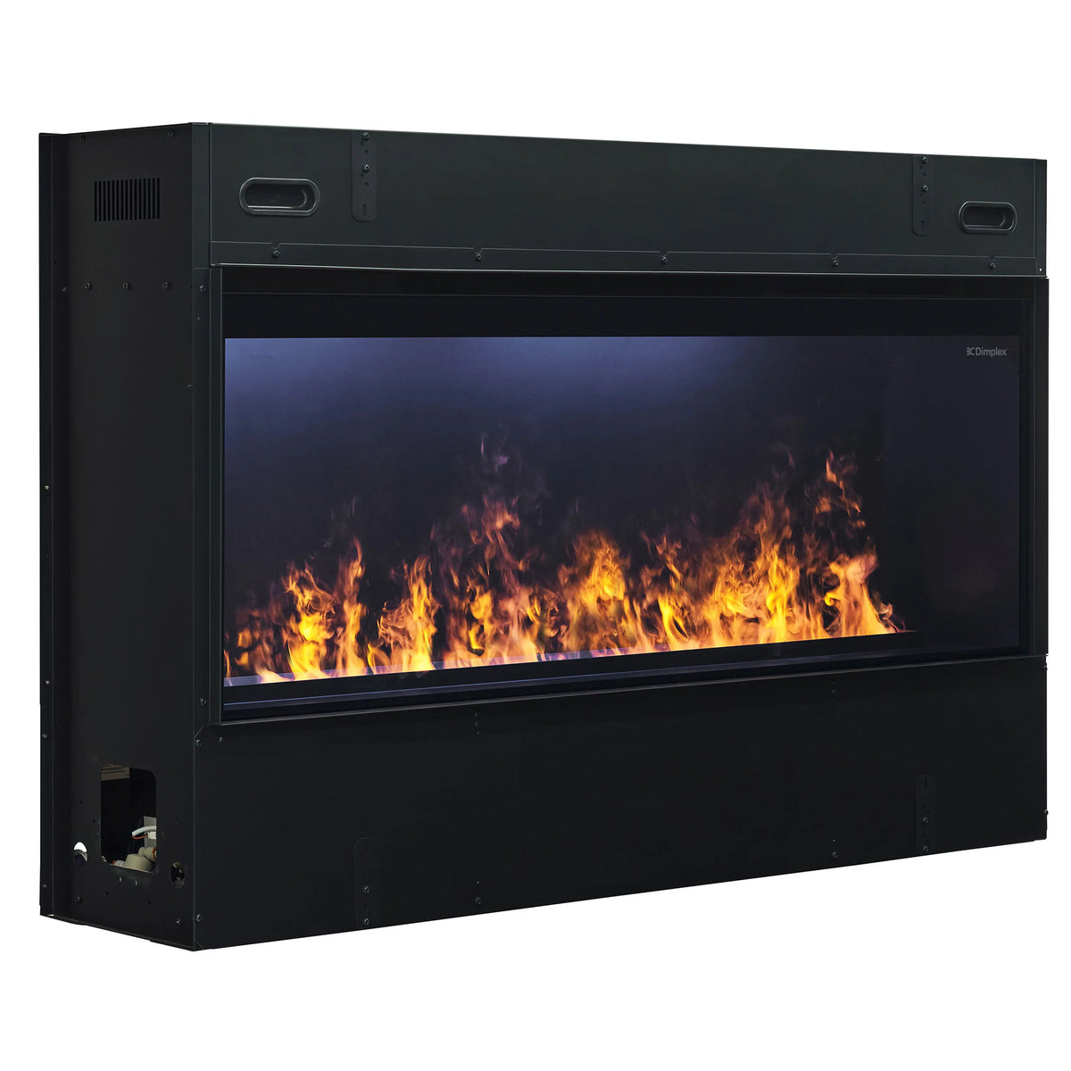 Black linear electric fireplace with flame effect filling the front viewing window