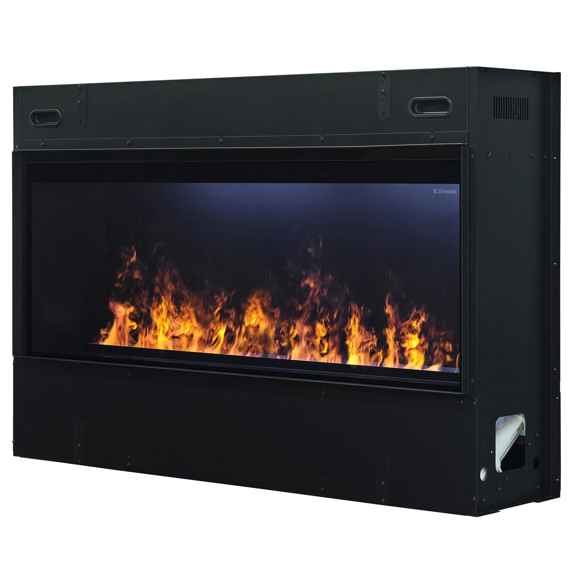 Front view of a black linear electric fireplace with orange flames and blue back glow