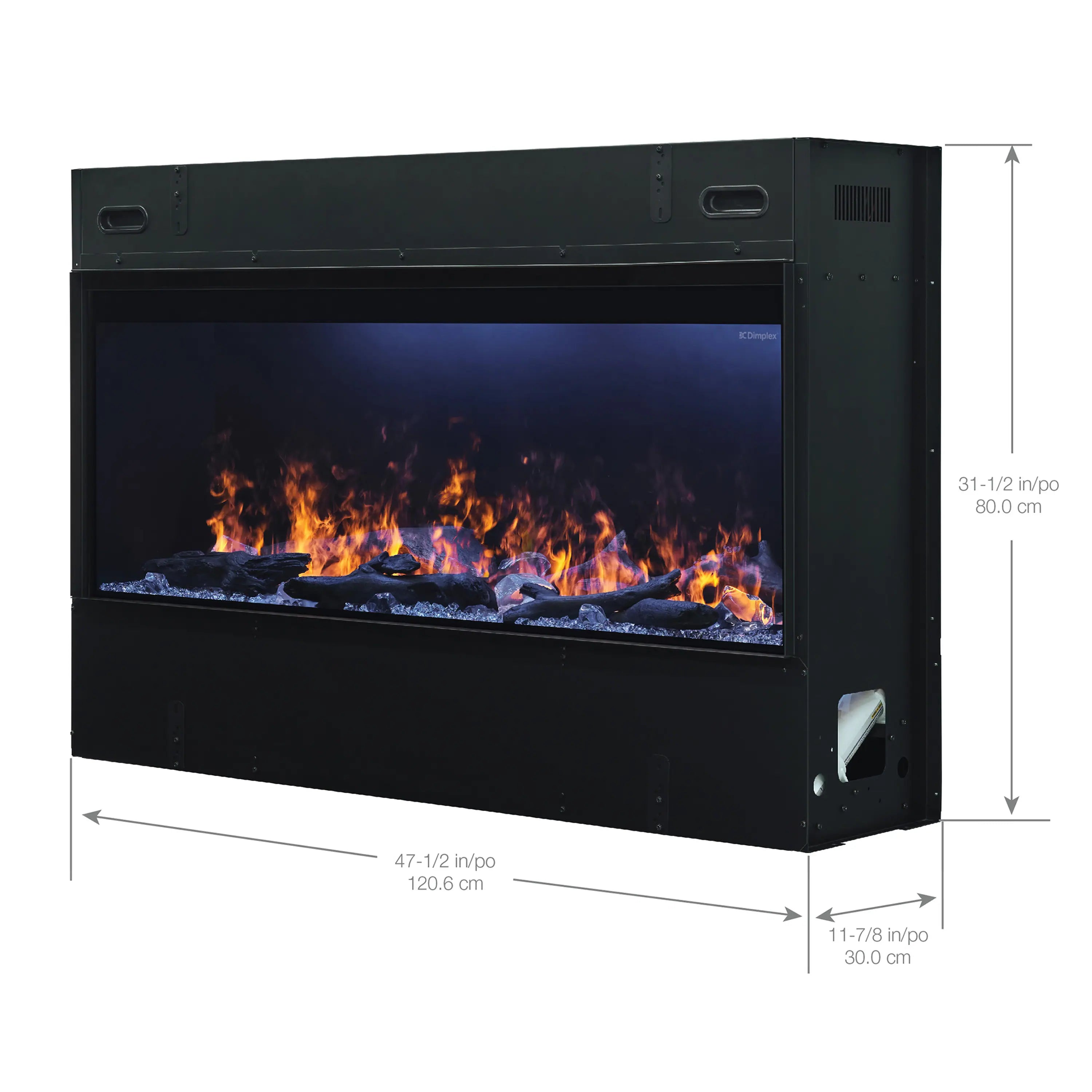 Black linear electric fireplace with flames, shown with printed size dimensions
