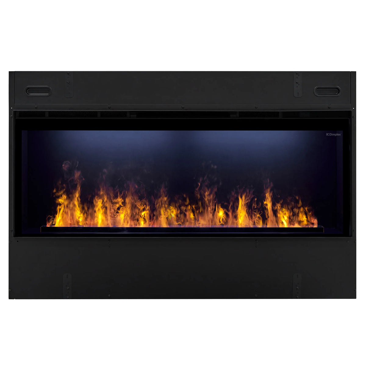Front panel view of a black linear electric fireplace with continuous flame effect