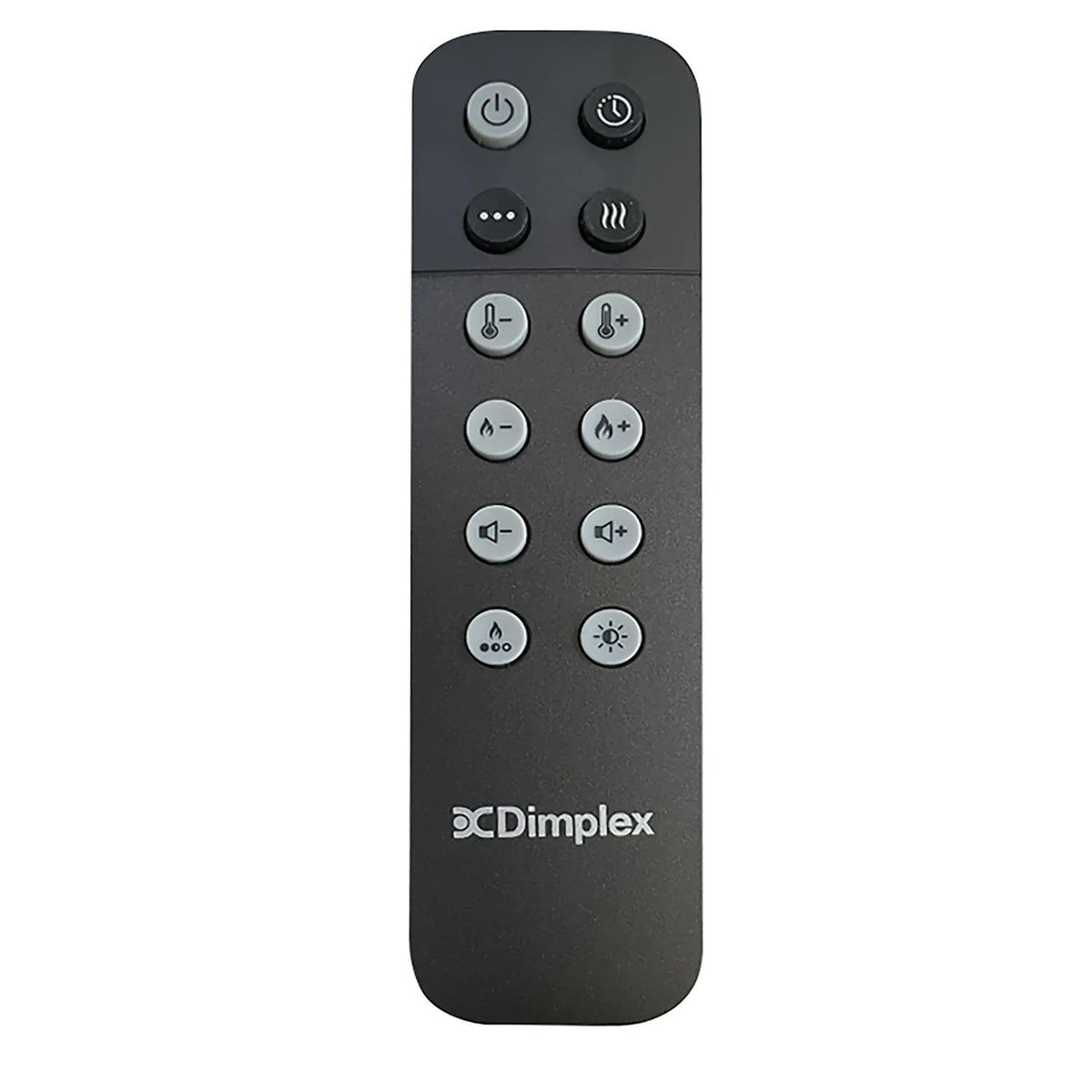 Black Dimplex remote control with round button icons and power/flame controls