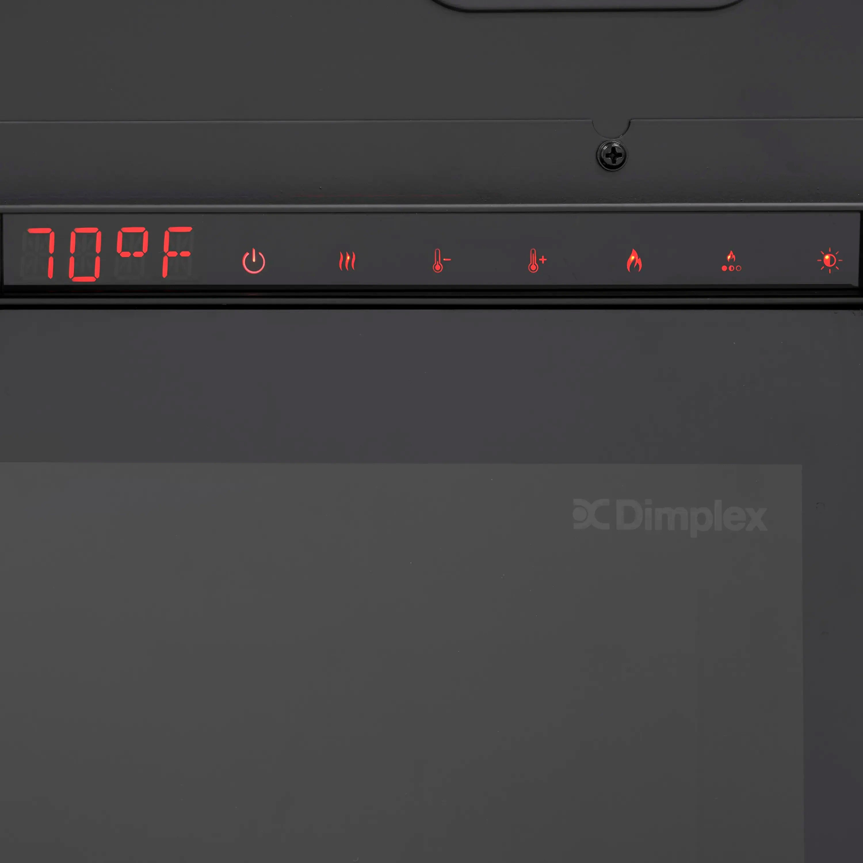 Black control panel with red LED temperature display and flame setting icons