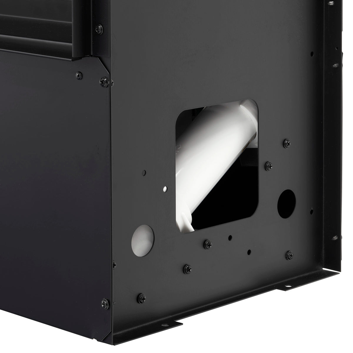 Linear water vapor fireplace side panel with viewing window and mounting screws
