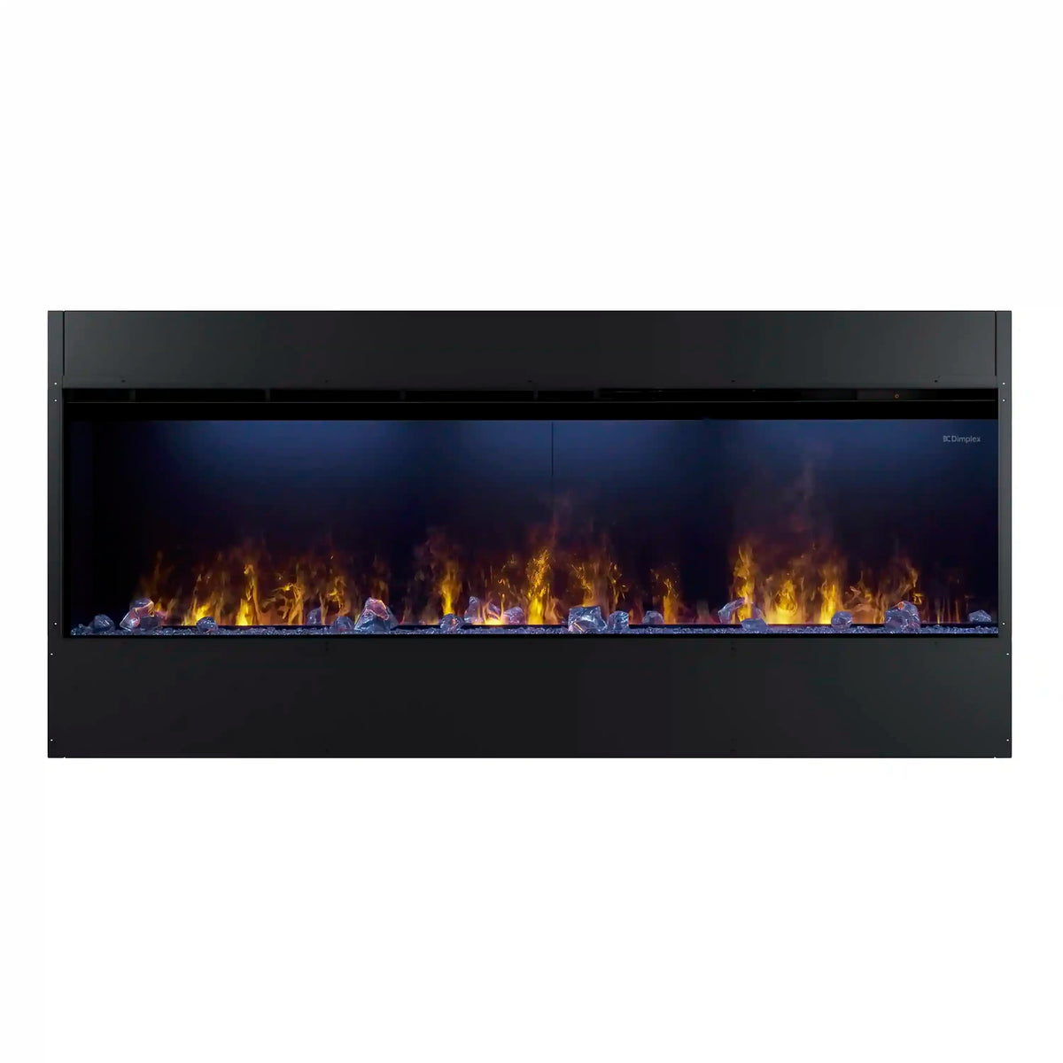 Linear water vapor fireplace front view with acrylic ice and driftwood media across the base