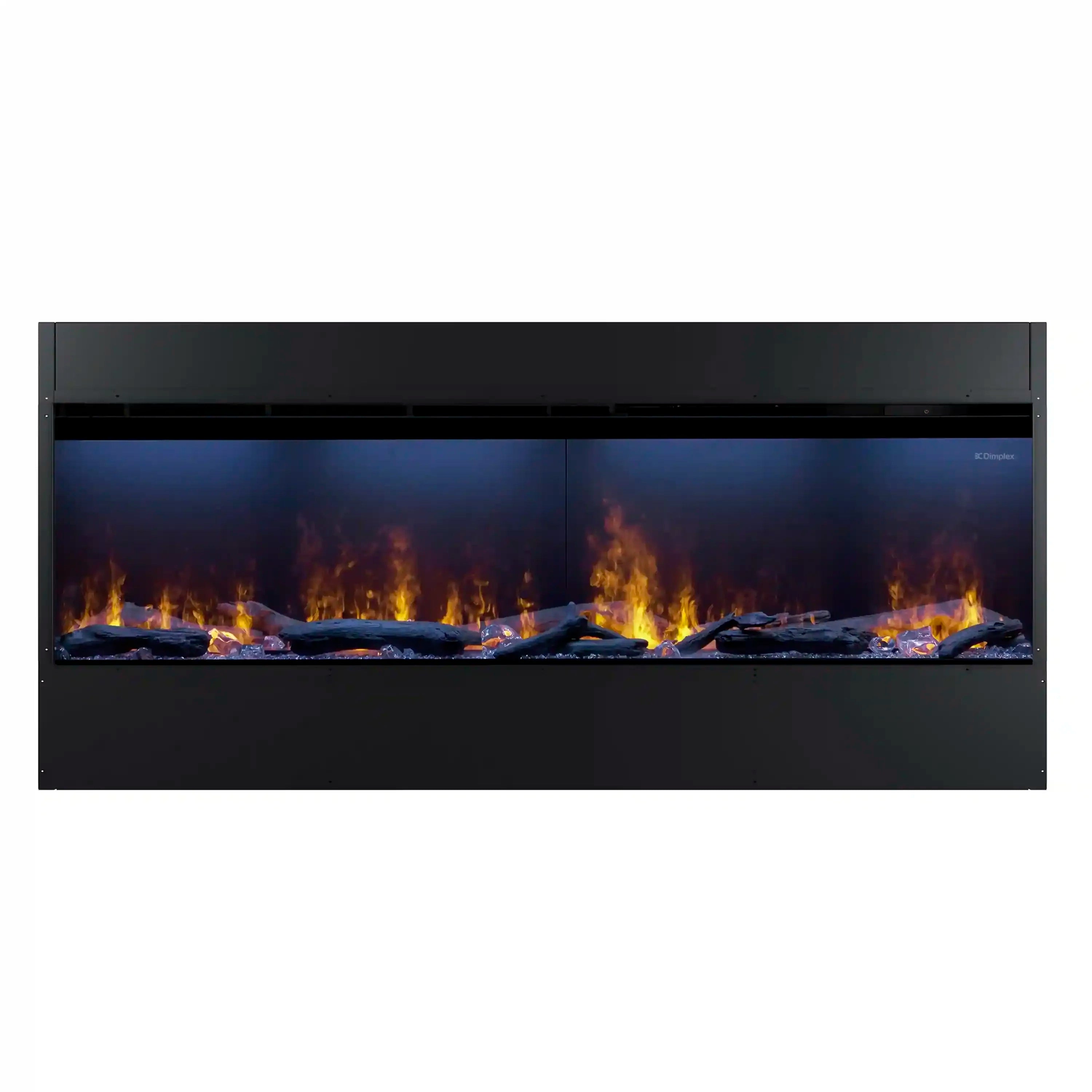Linear water vapor fireplace with open glass viewing area, blue glow and flickering flames