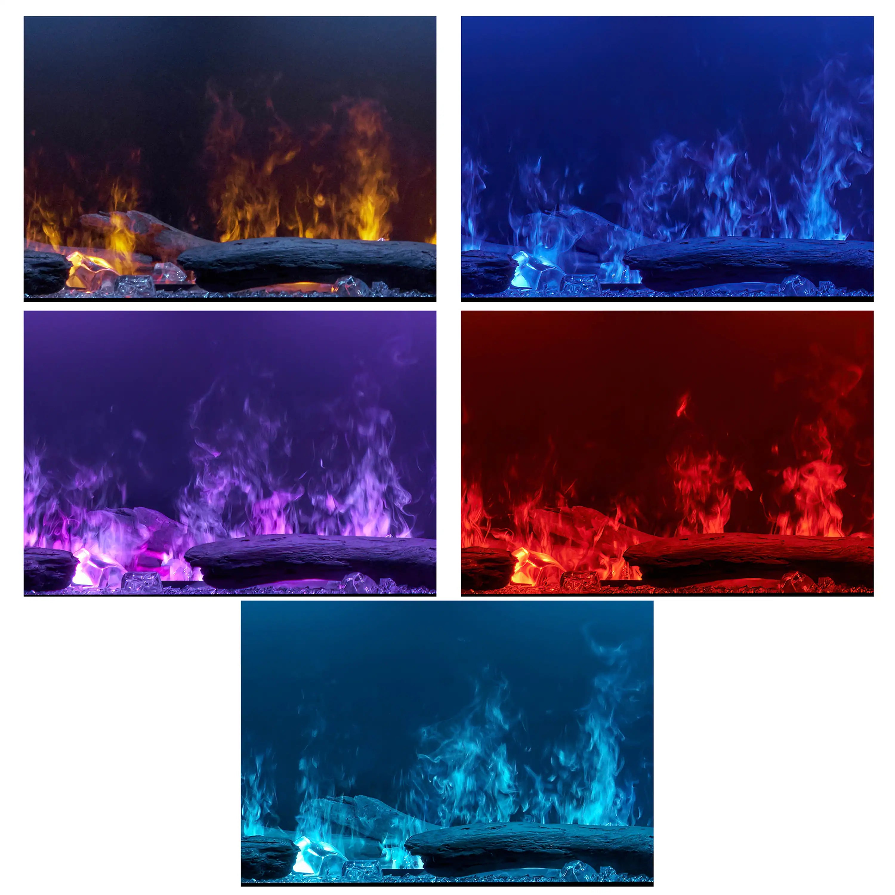 Water vapor fireplace flame effects in blue, purple, red, and orange color options
