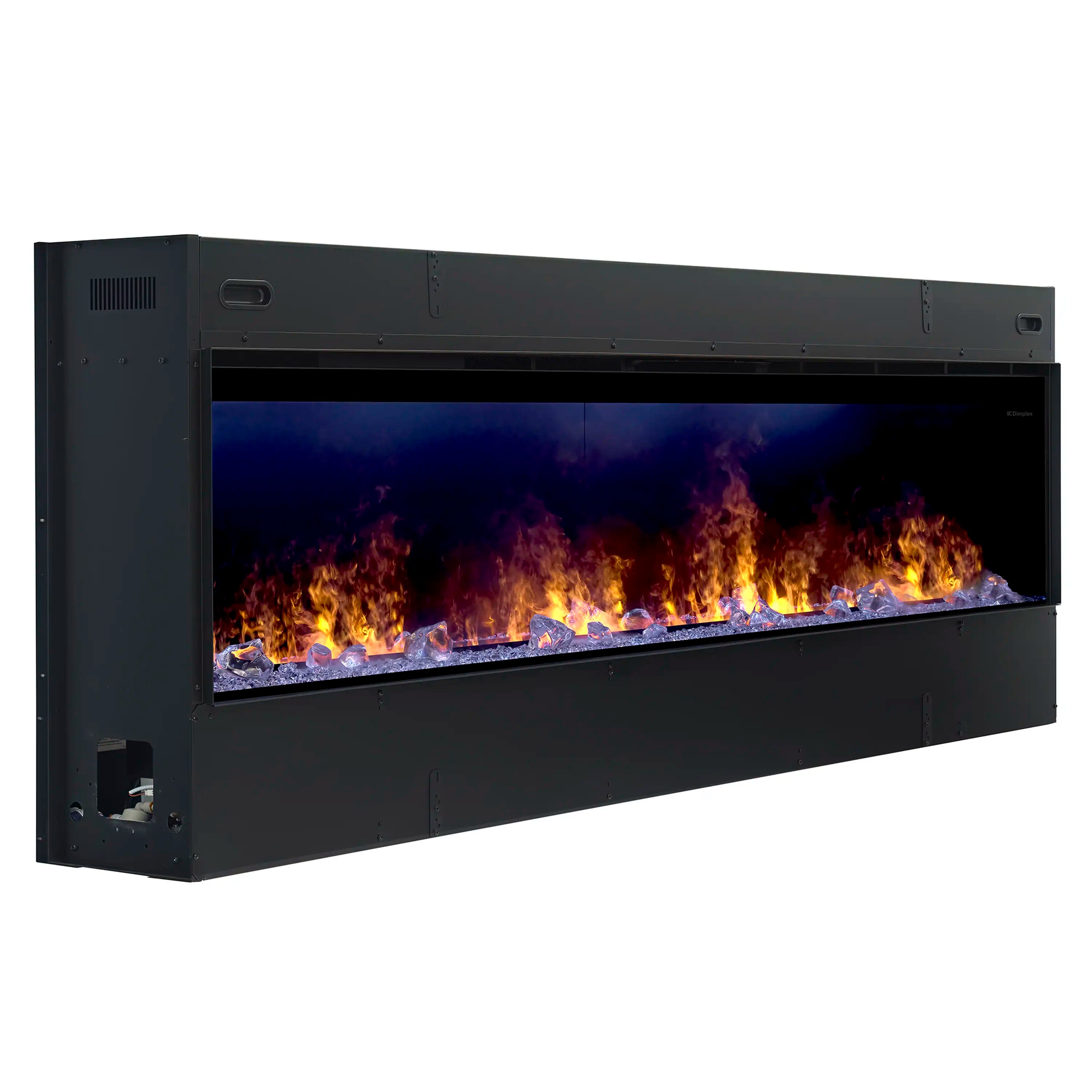 Black linear water vapor fireplace displaying flames and blue light inside the firebox