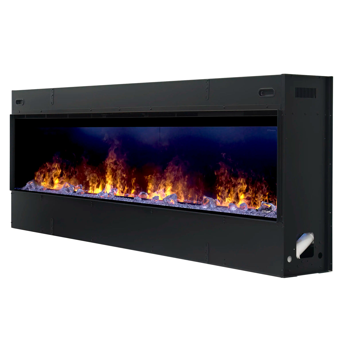 Black linear water vapor fireplace angled view with flickering flames and ember bed