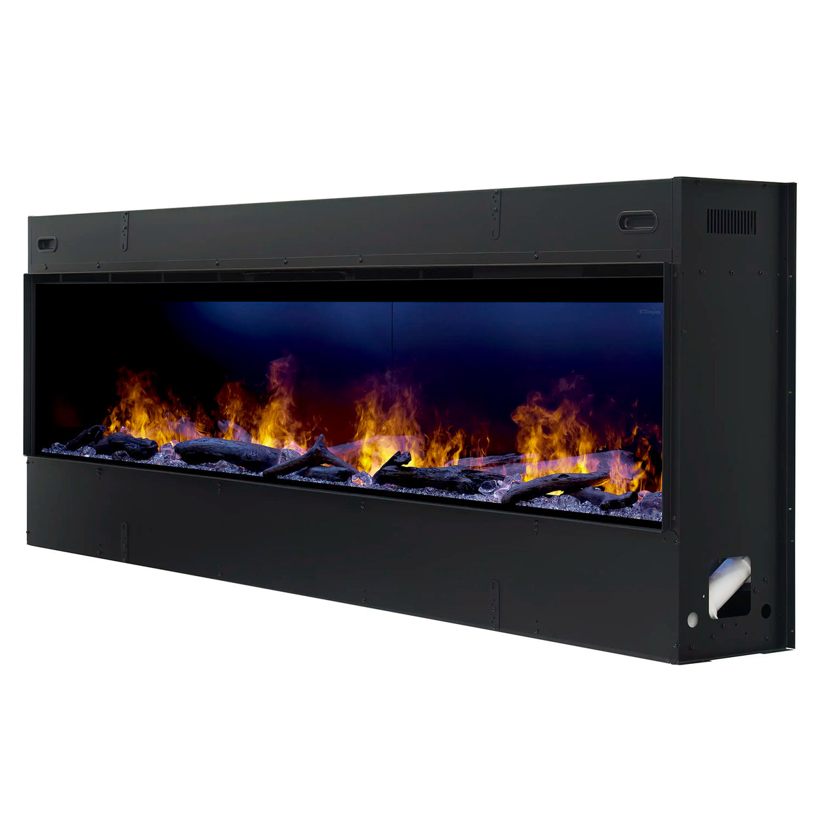 Black linear water vapor fireplace with flames over dark reflective ember media