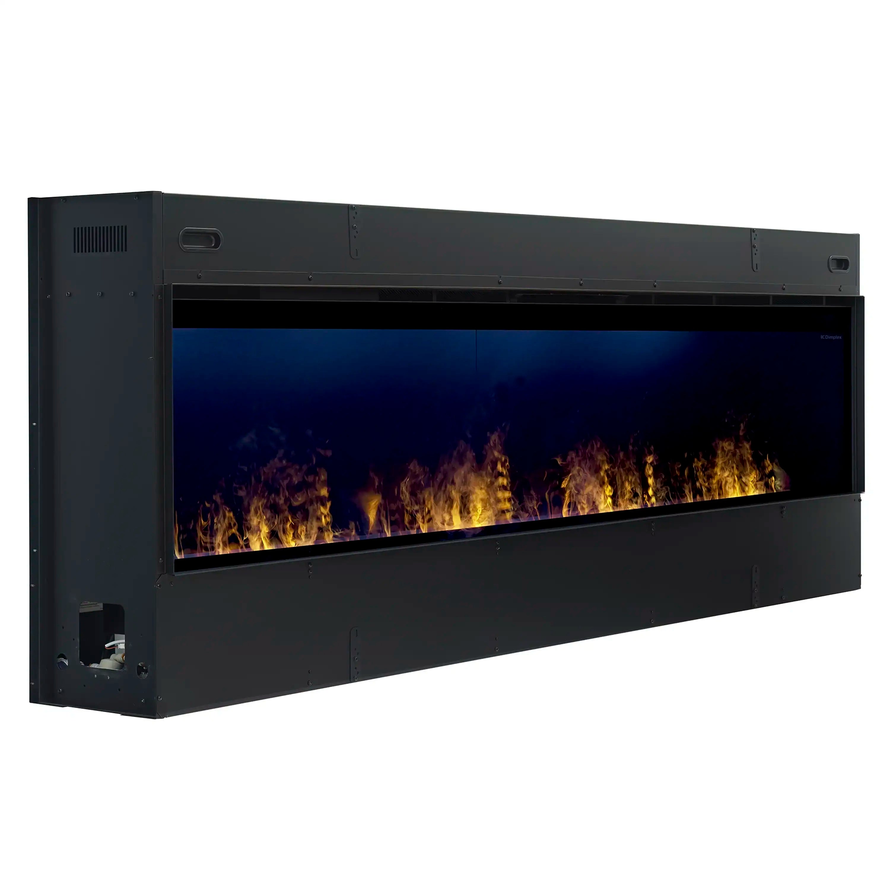 Black linear electric fireplace with flame and water vapor effect visible through glass