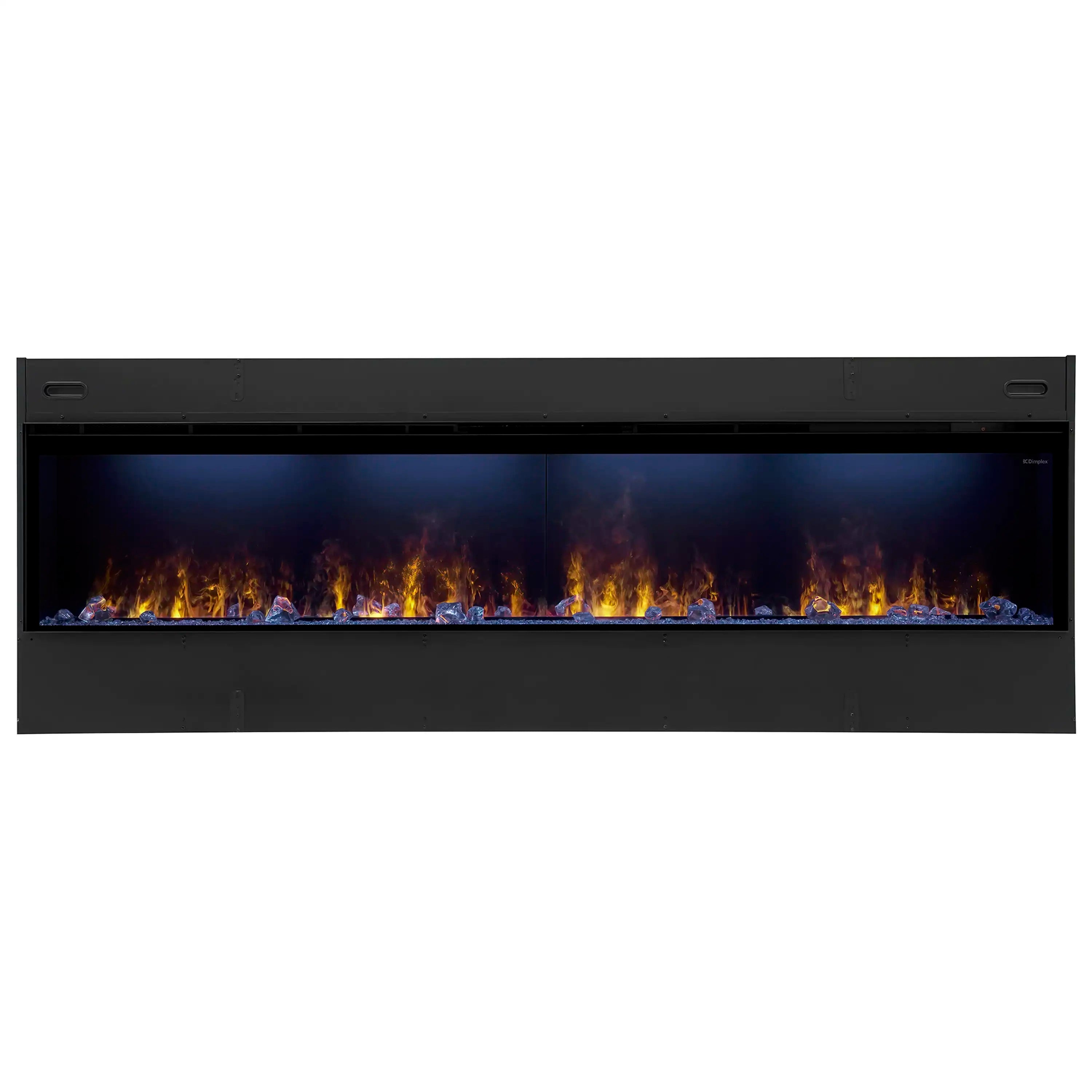 Black linear water vapor fireplace insert with long viewing window and flame effect