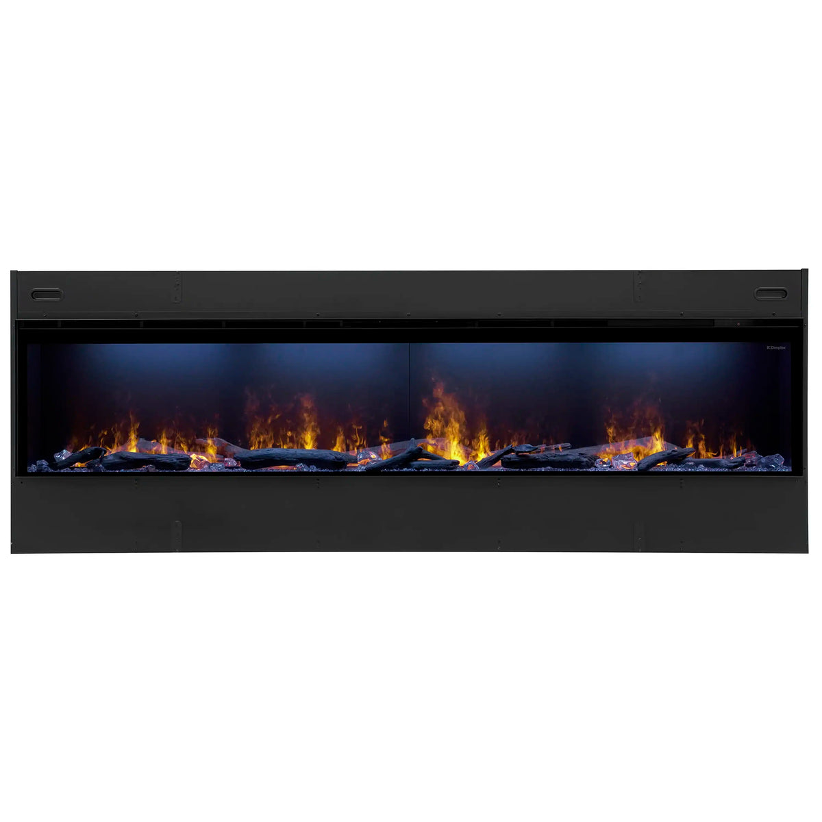 Black linear water vapor fireplace insert with long flame display window