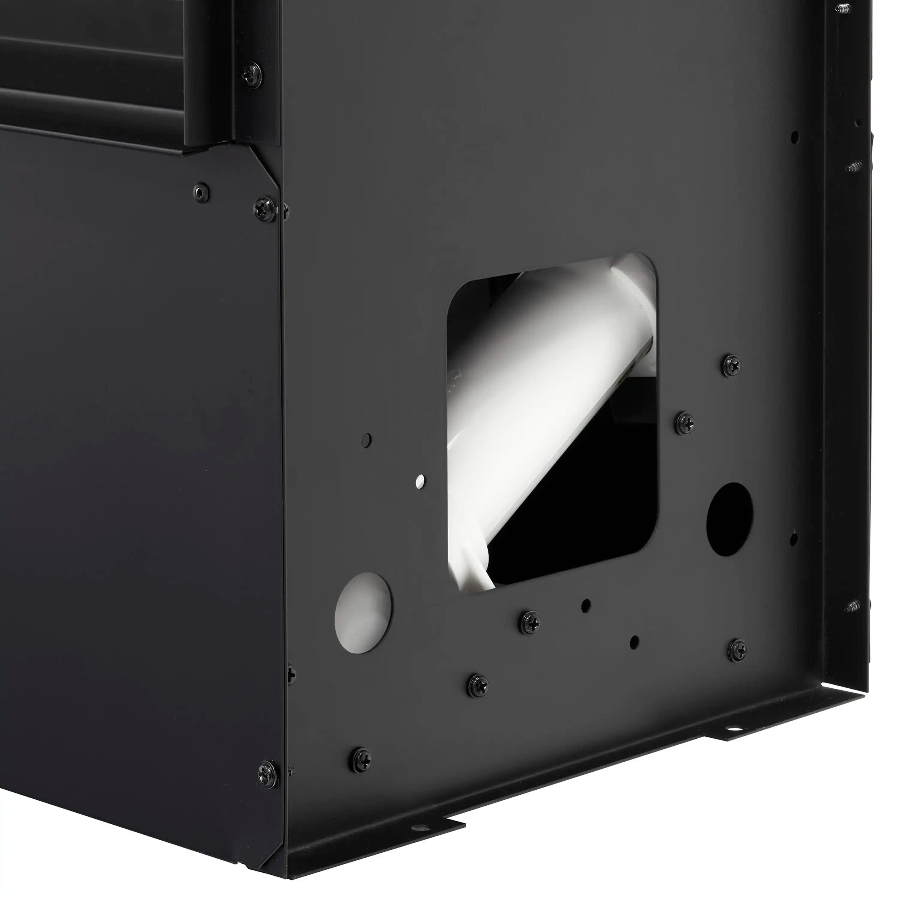 Black linear water vapor fireplace side access panel with illuminated outlet opening