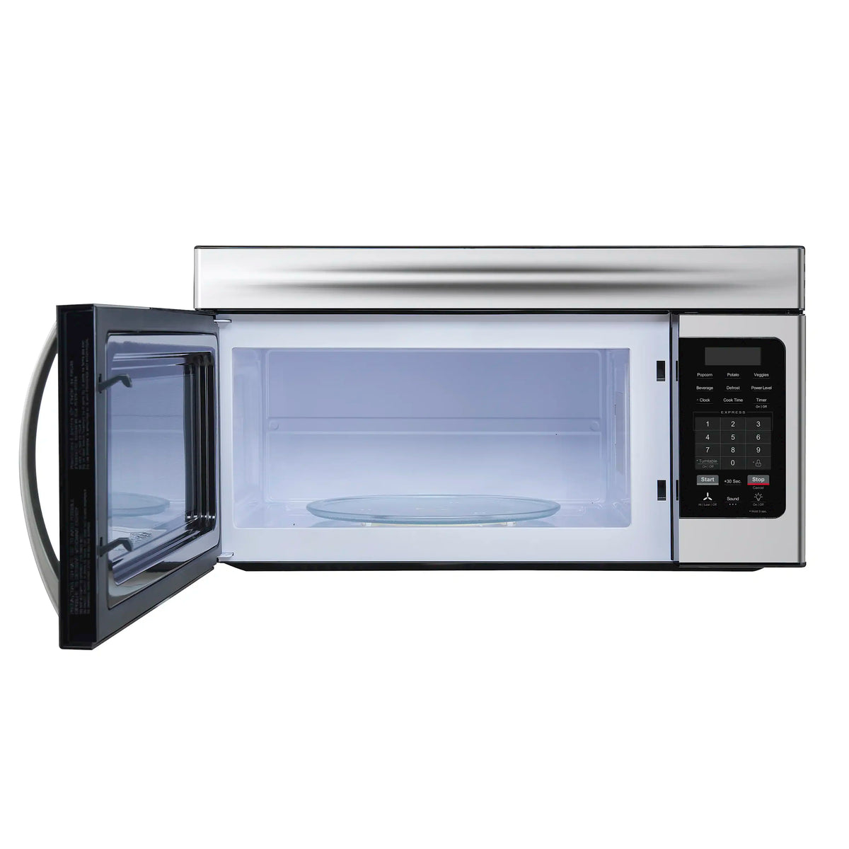 Over-the-range microwave with open door, black window, and touch control keypad