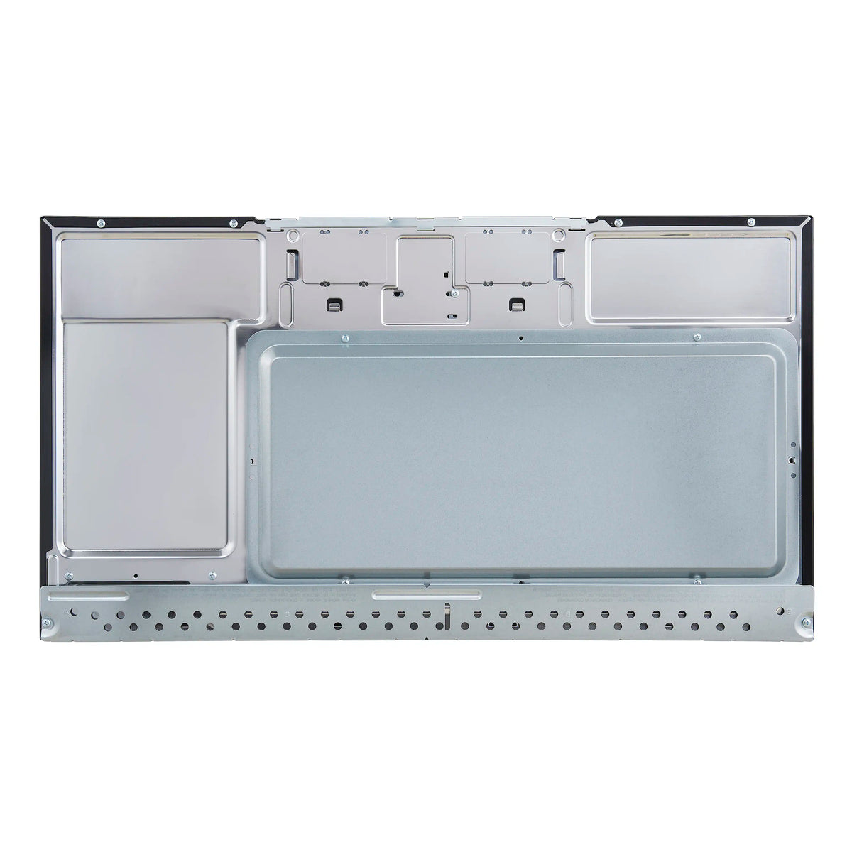 Interior back panel of black over-the-range microwave, vent and mounting area
