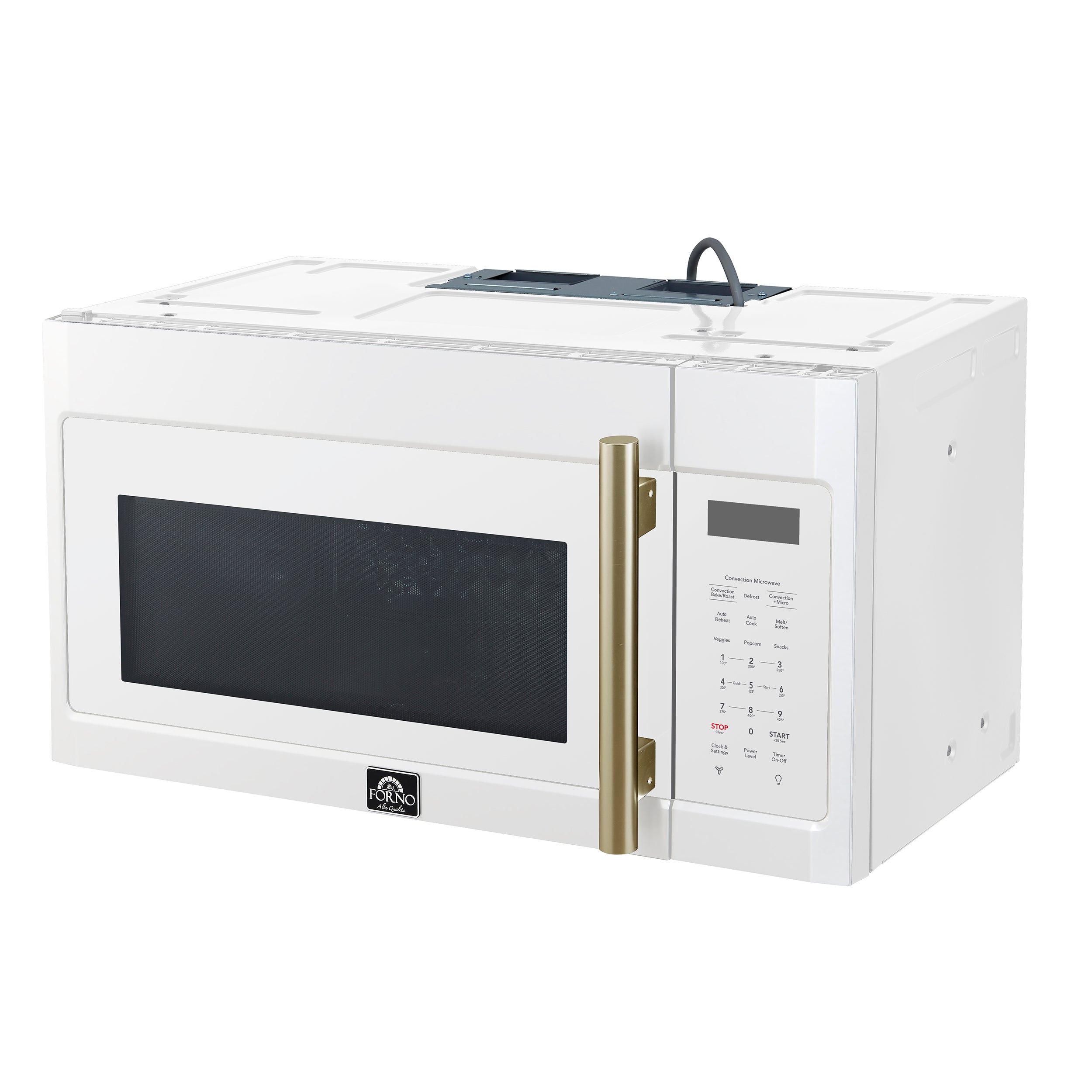 White over-the-range convection microwave with antique brass vertical handle and dark screen