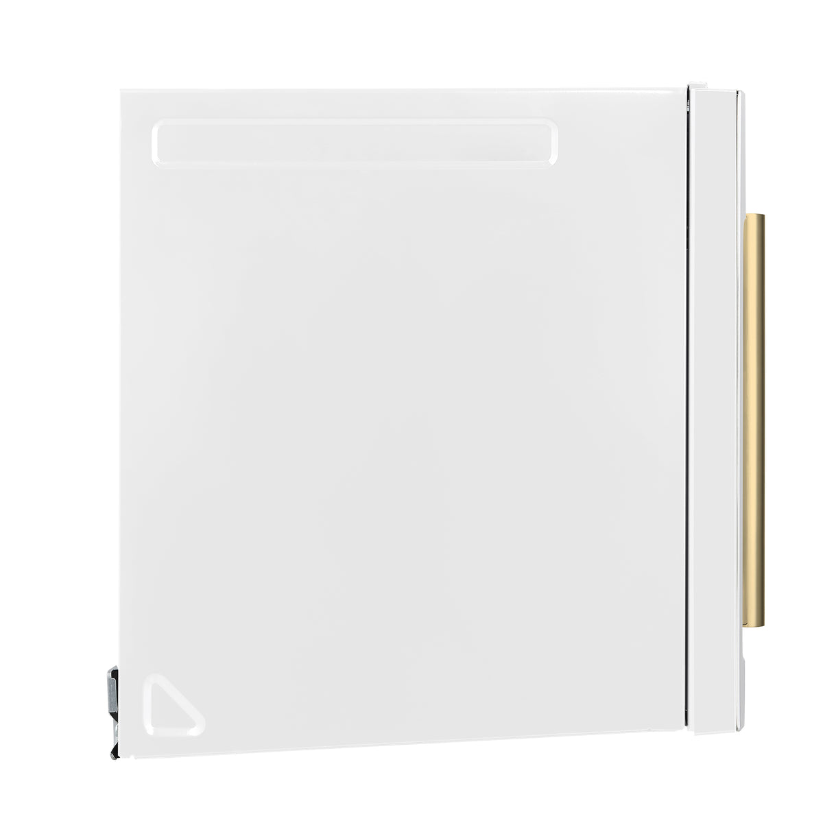 White microwave door panel with antique brass handle, hinged to open position