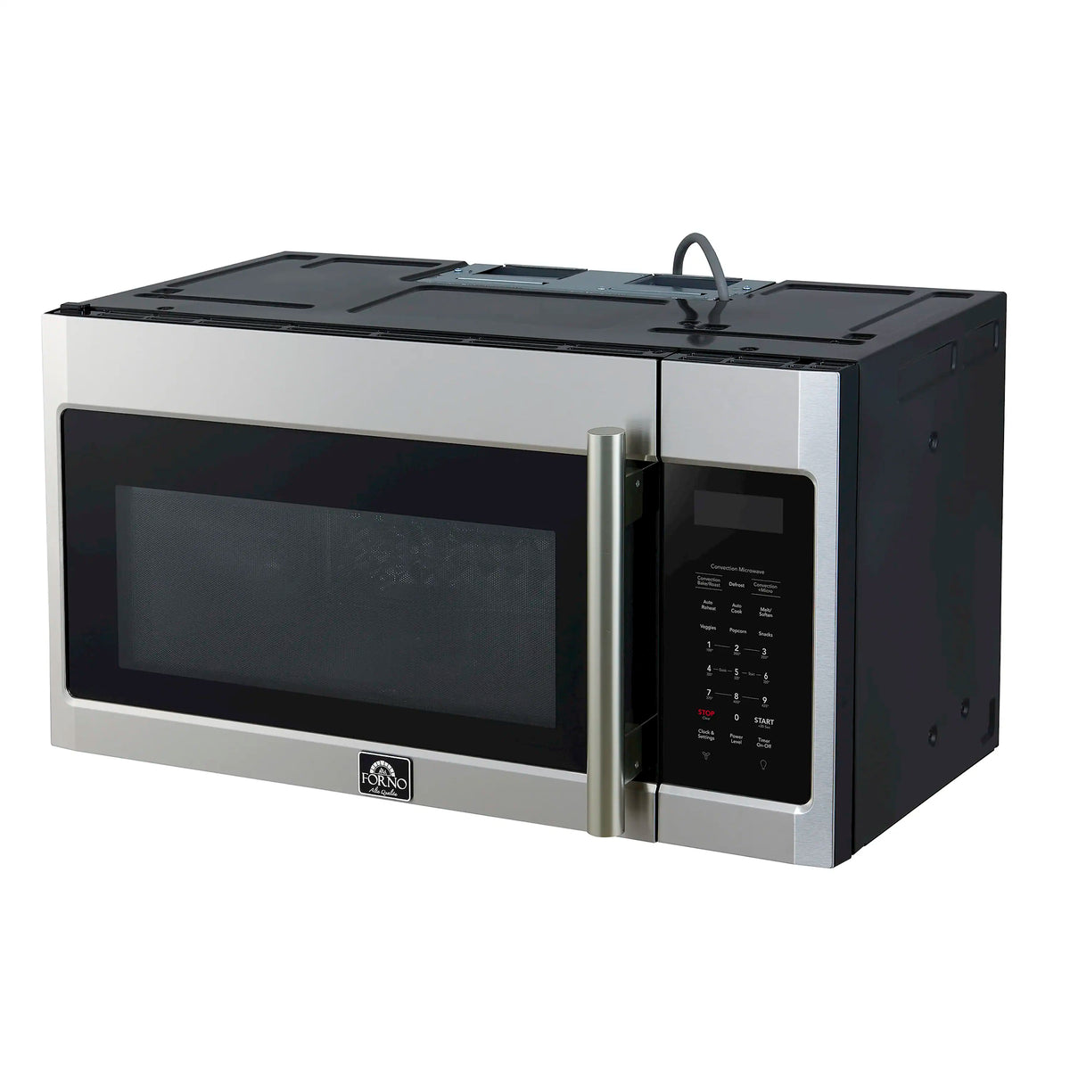 Stainless steel over-the-range convection microwave with black glass door and control panel