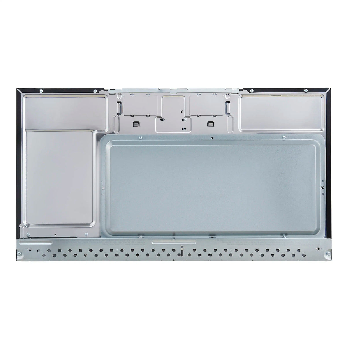 Over-the-range microwave underside view with two access compartments and stainless inner cavity