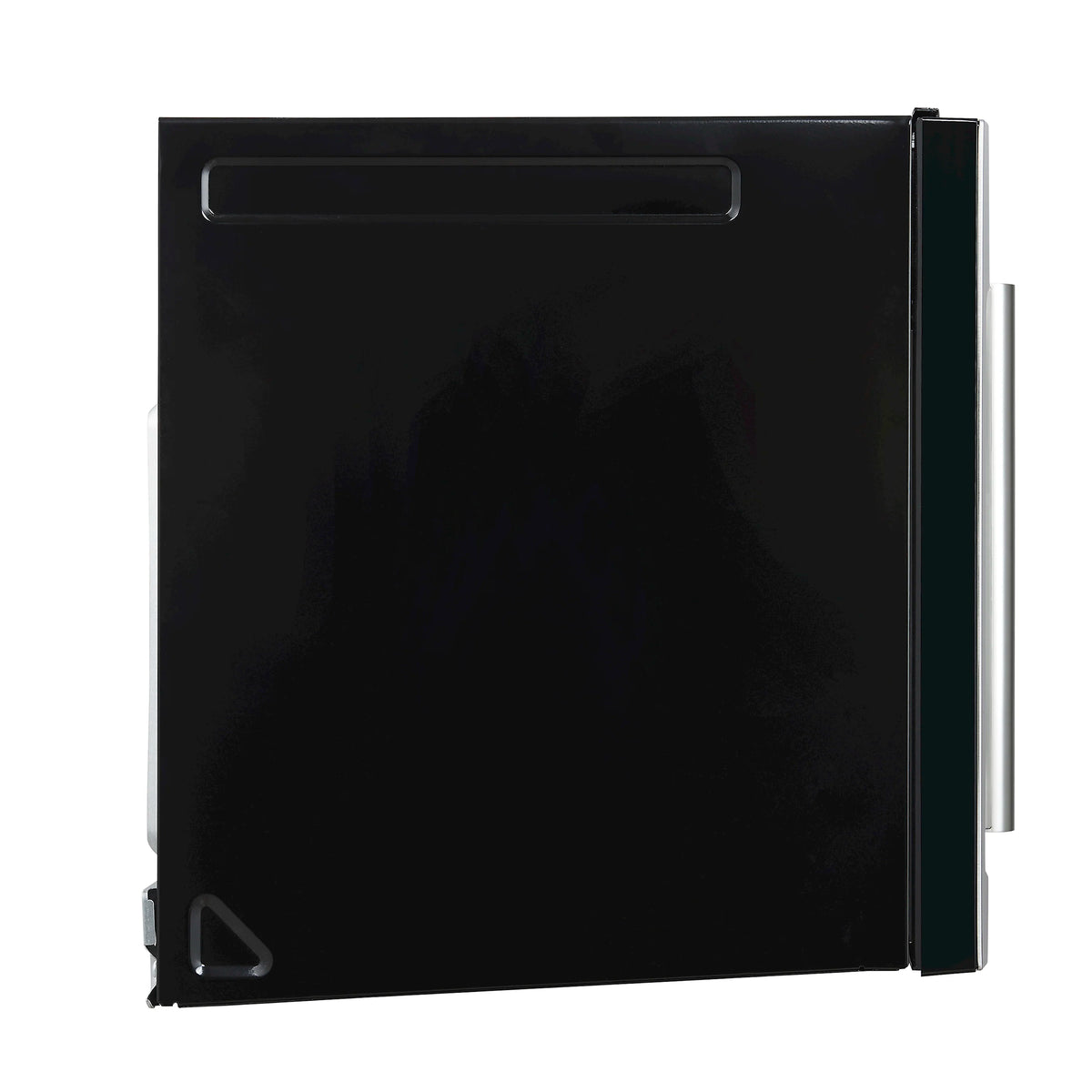 Open door of stainless over-the-range microwave showing black glass cavity
