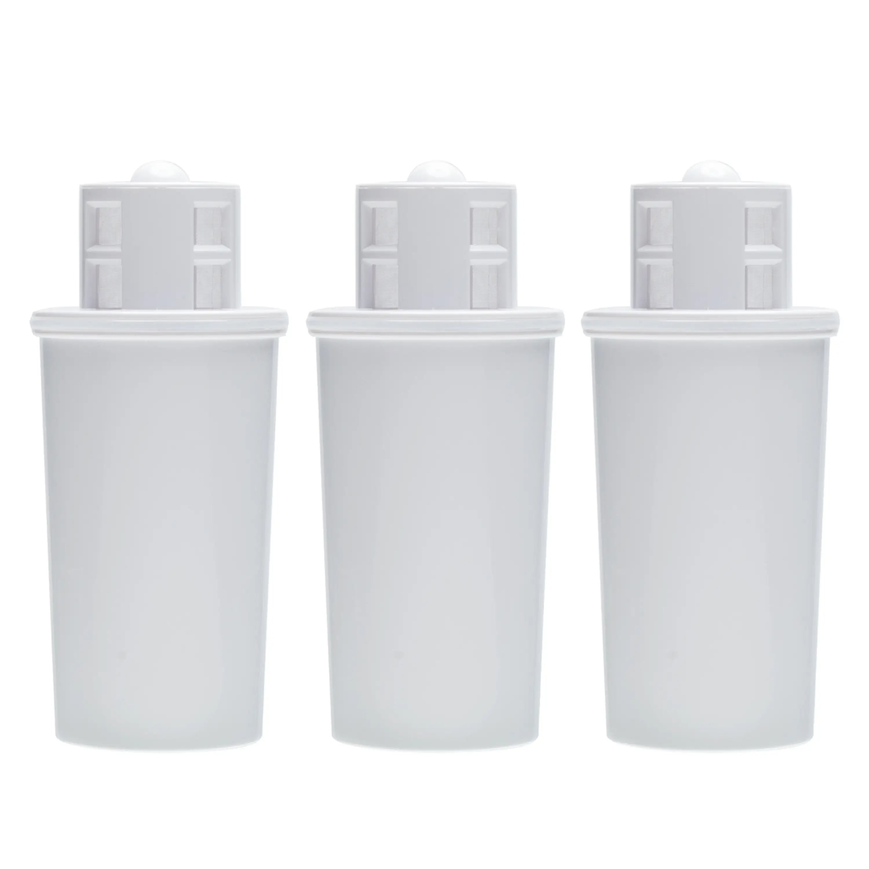 Set of three white oil filter cartridges with caps