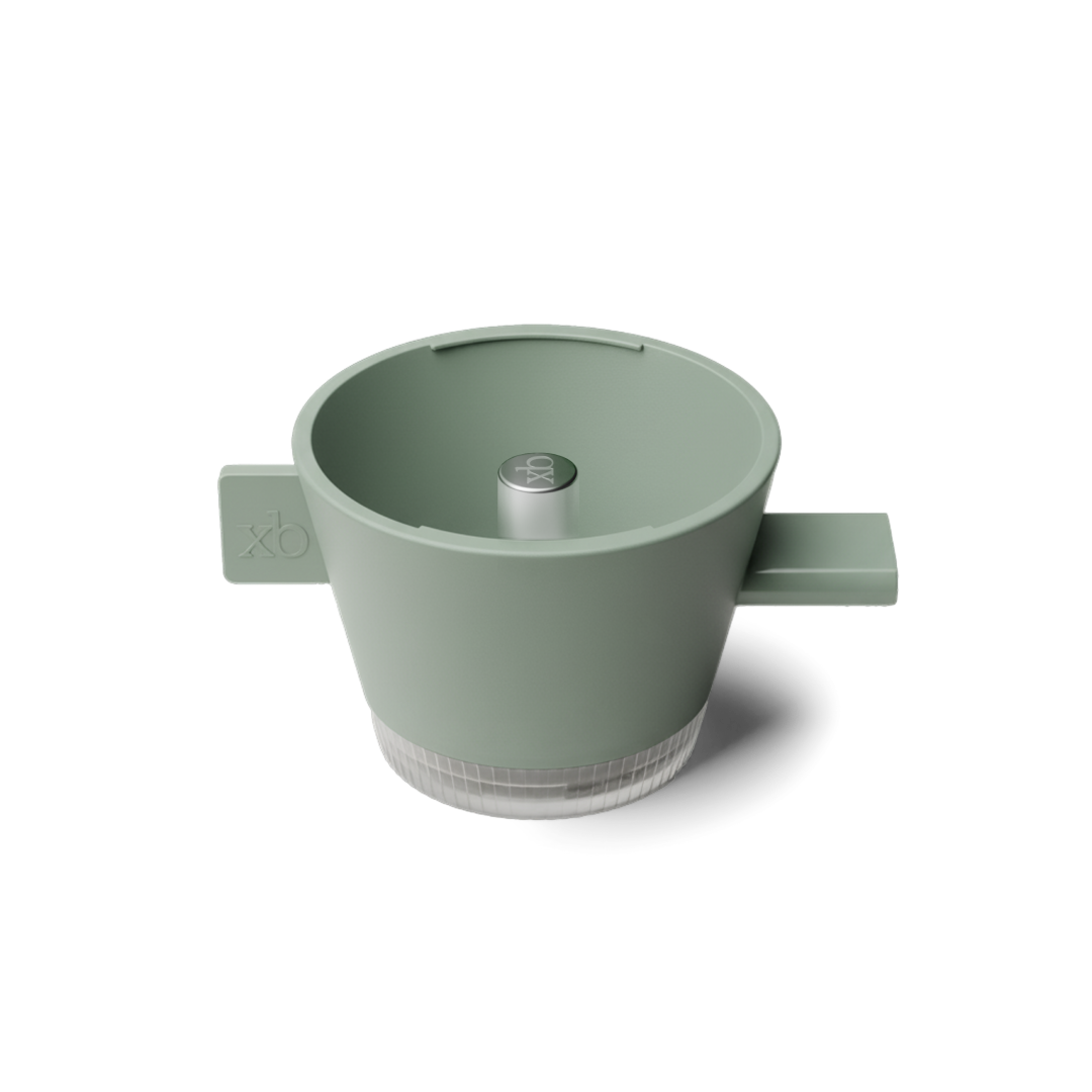 Sage green Omni tea brewer with clear siphon chamber and side handle