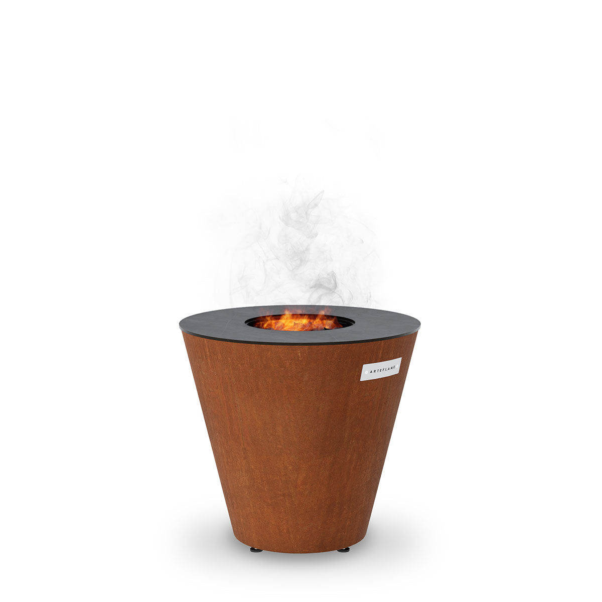 Rust-colored compact charcoal grill lid with central flame opening