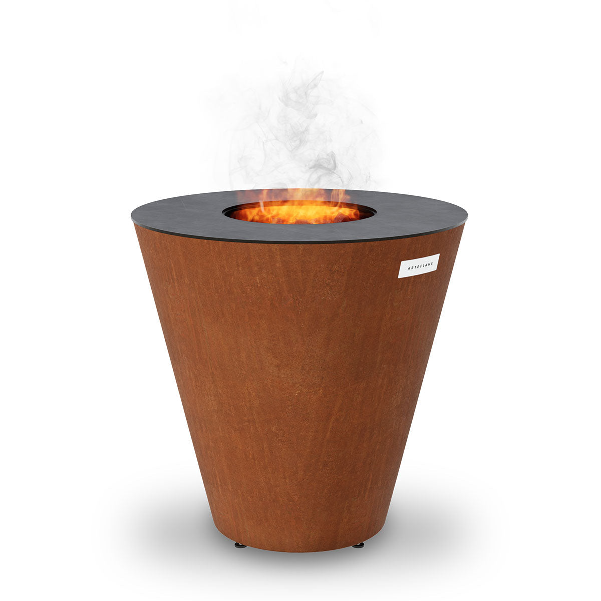 Brown steel fire pit grill with lit center flame and dark cooking bowl