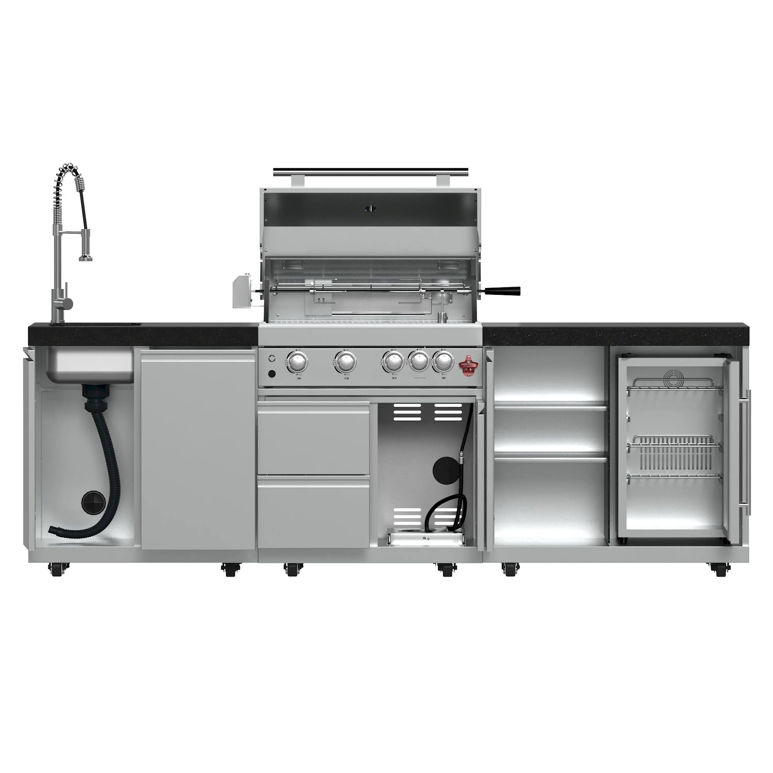Outdoor BBQ grill island with side doors, storage compartment, and control panel