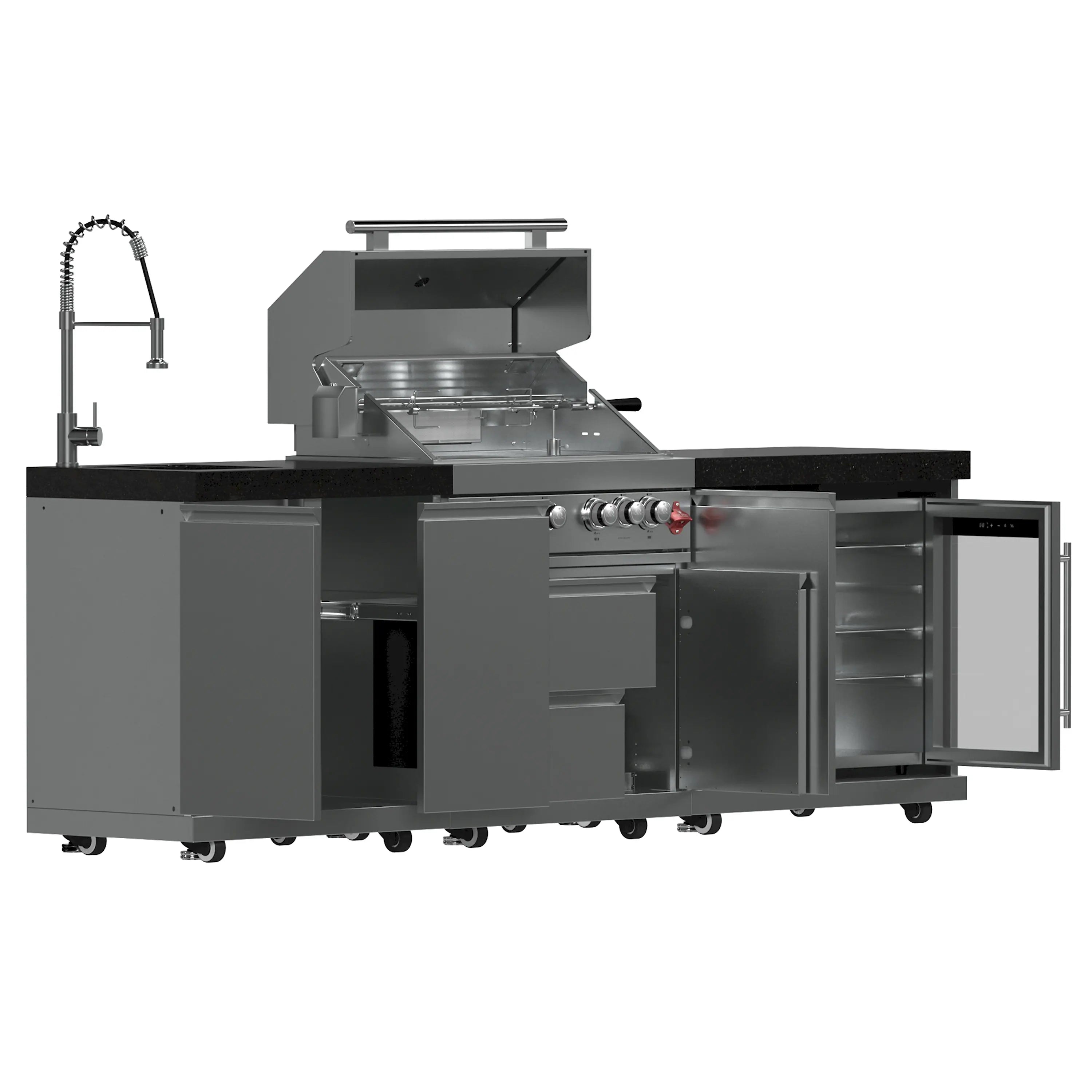 Outdoor gas grill with open lid, stainless burners, and black countertop panels