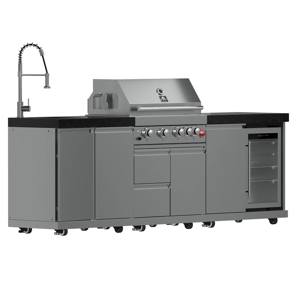Outdoor gas grill with control knobs, stainless cooking area, and black countertop
